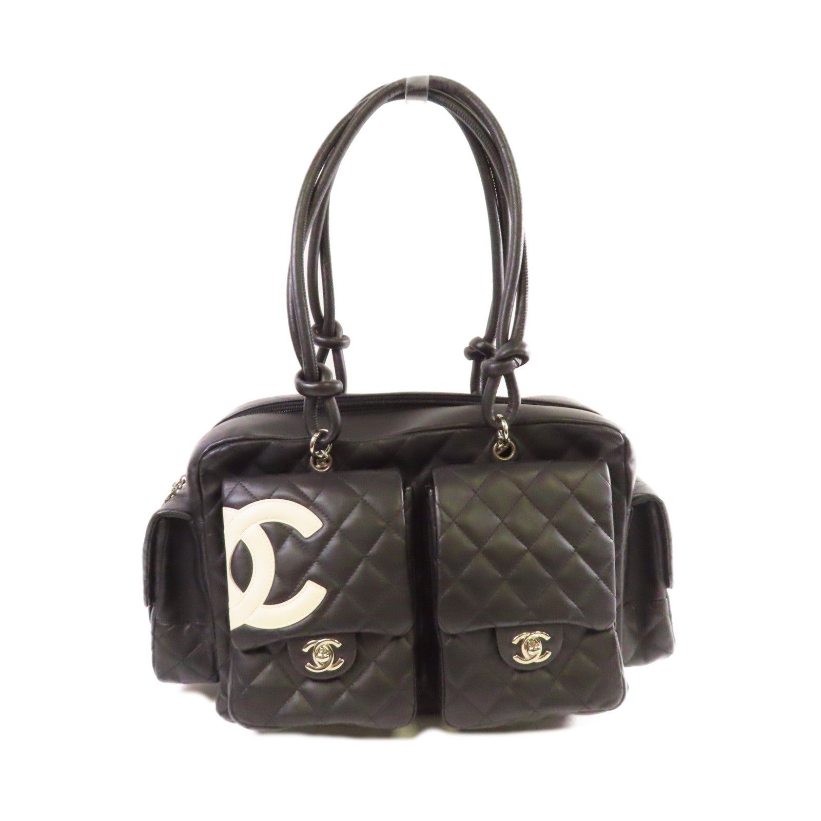 CHANEL 菱格牛皮皮革Cambon Shoulder Bag銀扣肩背袋黑色