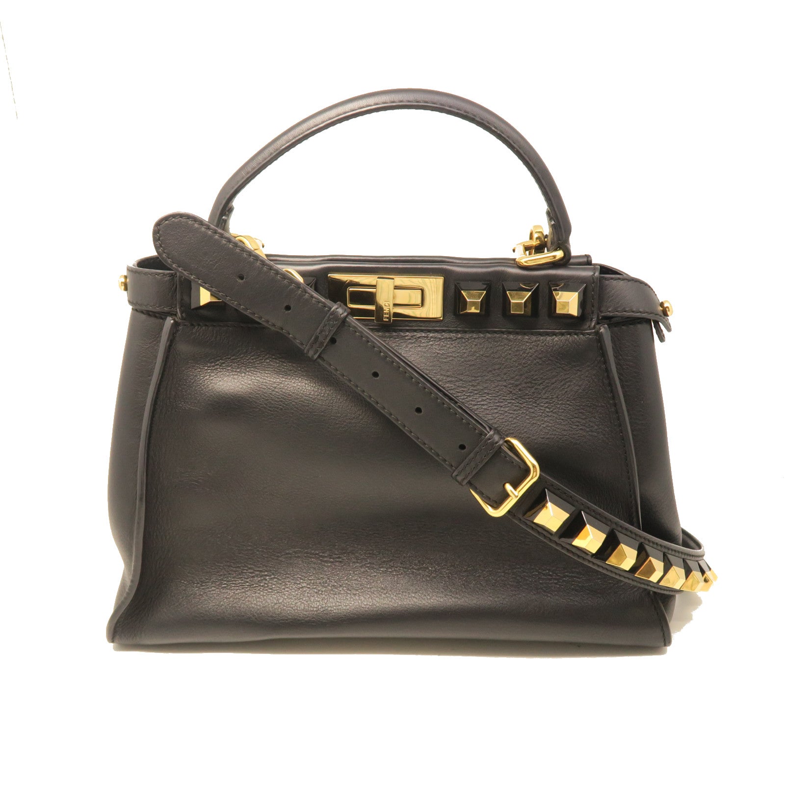 FENDI Cowhide Leather Peekaboo Gold Buckle Handle Shoulder Bag Black