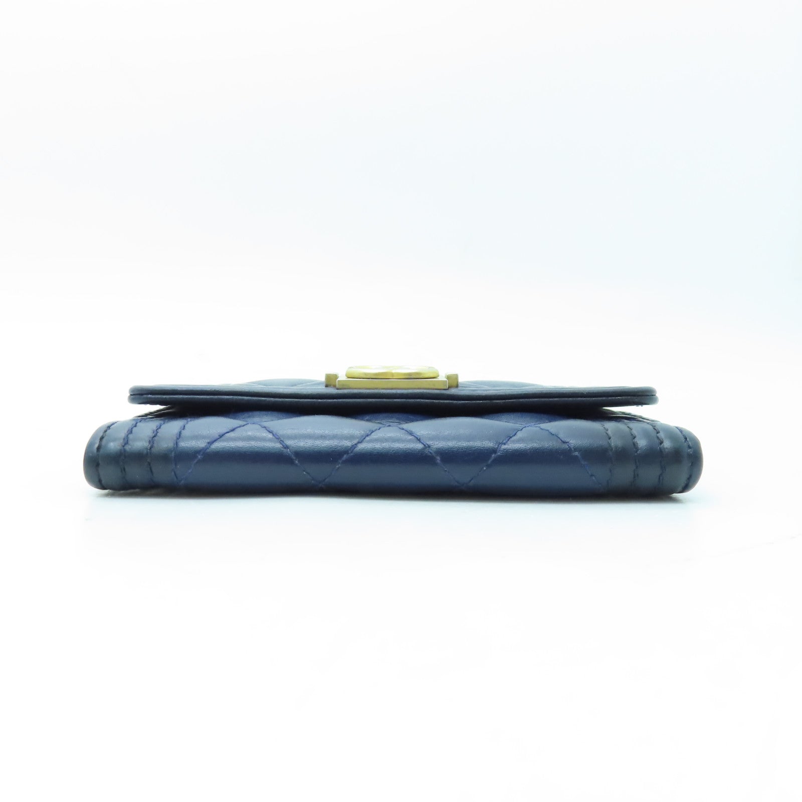 CHANEL 菱格羊皮皮革Card Case金扣卡片套海軍藍色