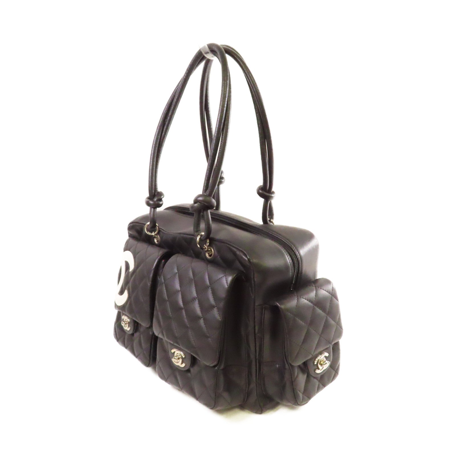CHANEL 菱格牛皮皮革Cambon Shoulder Bag銀扣肩背袋黑色