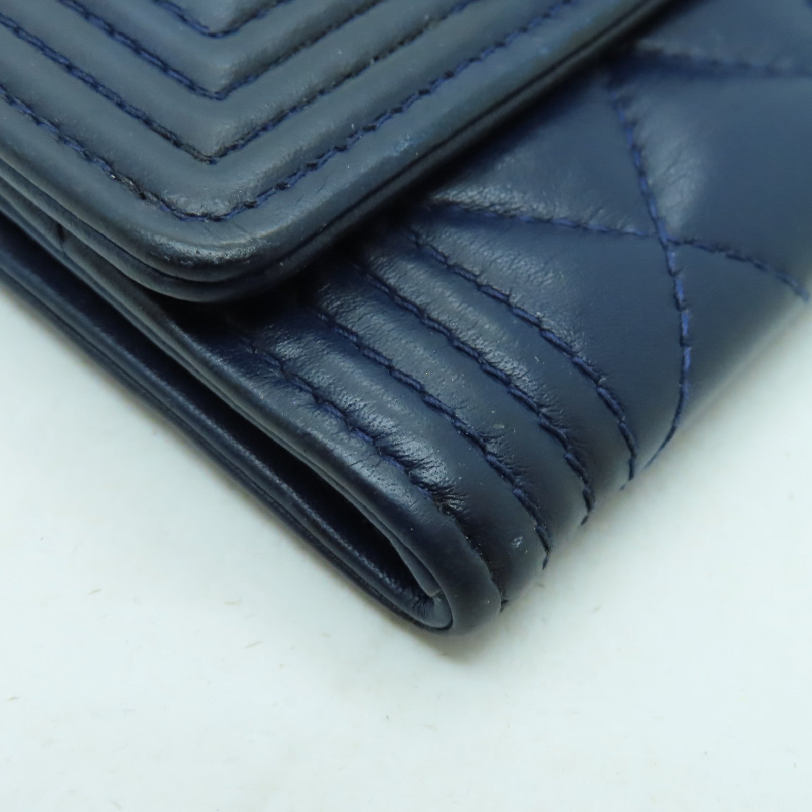 CHANEL 菱格羊皮皮革Card Case金扣卡片套海軍藍色