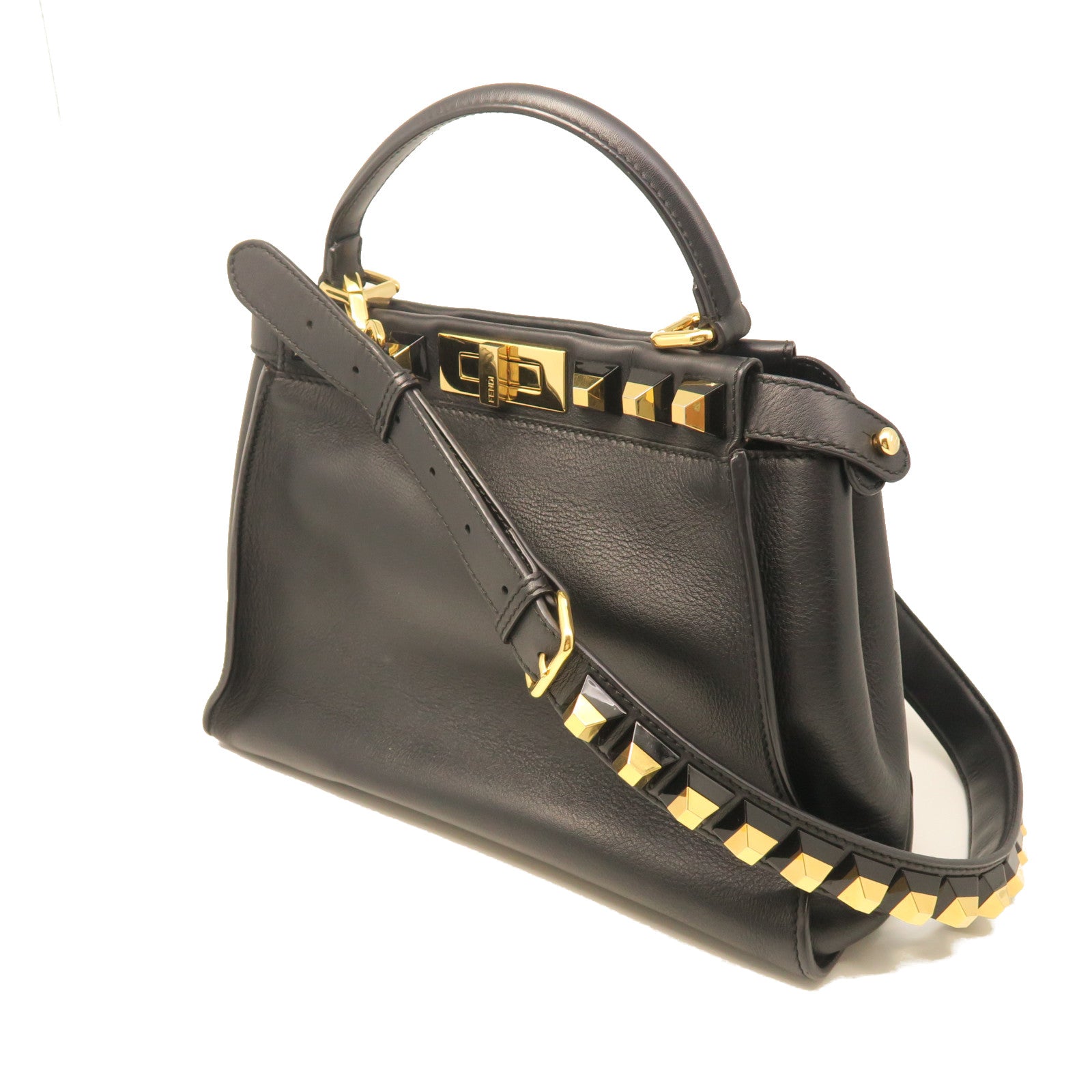 FENDI Cowhide Leather Peekaboo Gold Buckle Handle Shoulder Bag Black
