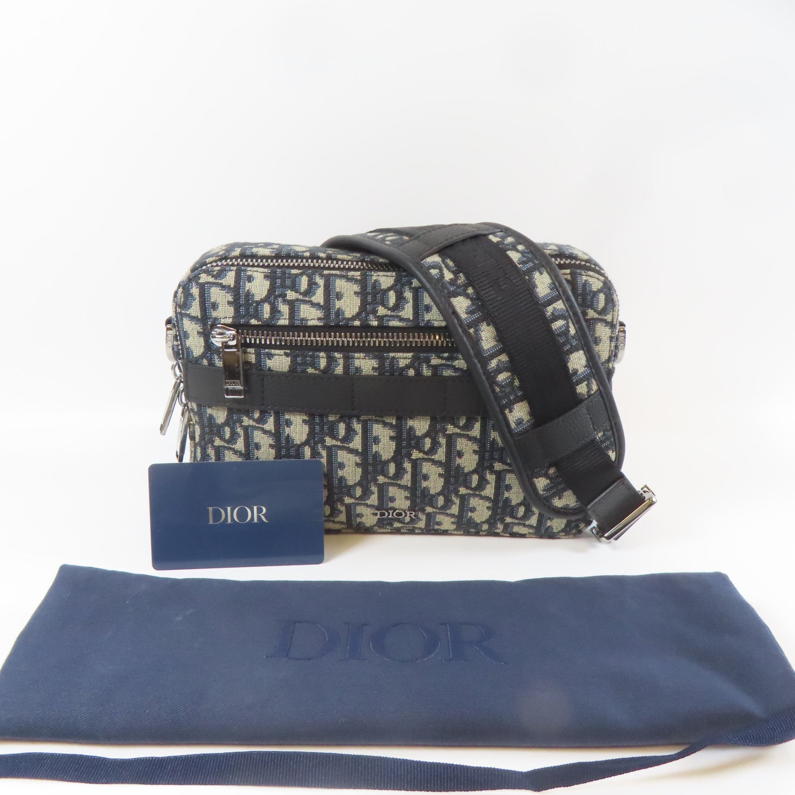 Dior 帆布/牛皮皮革Safari Bag銀扣肩背袋藍色