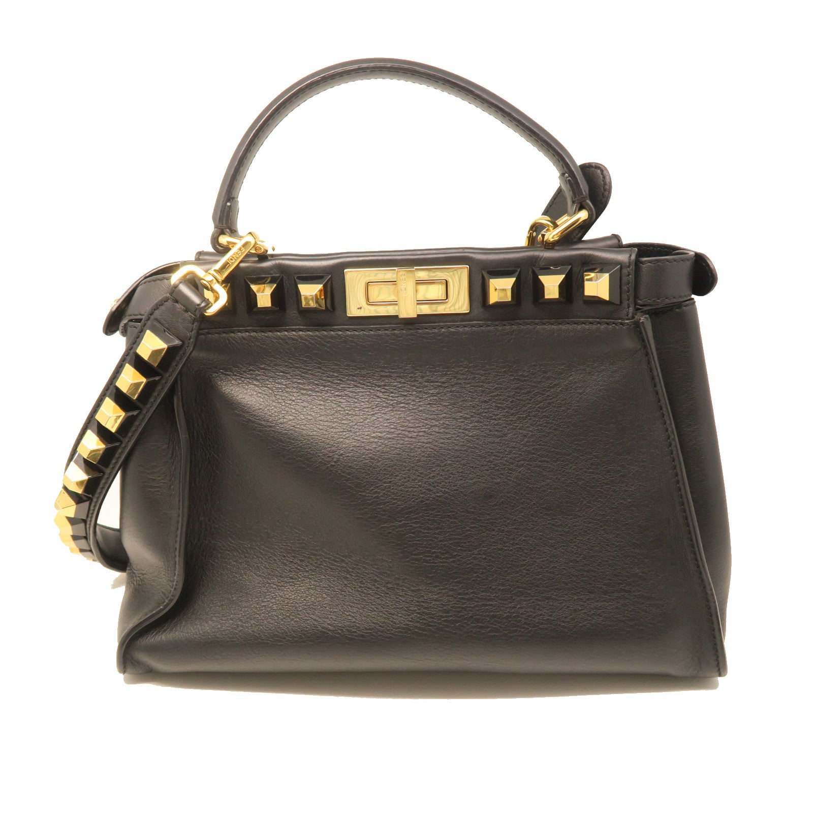 FENDI Cowhide Leather Peekaboo Gold Buckle Handle Shoulder Bag Black