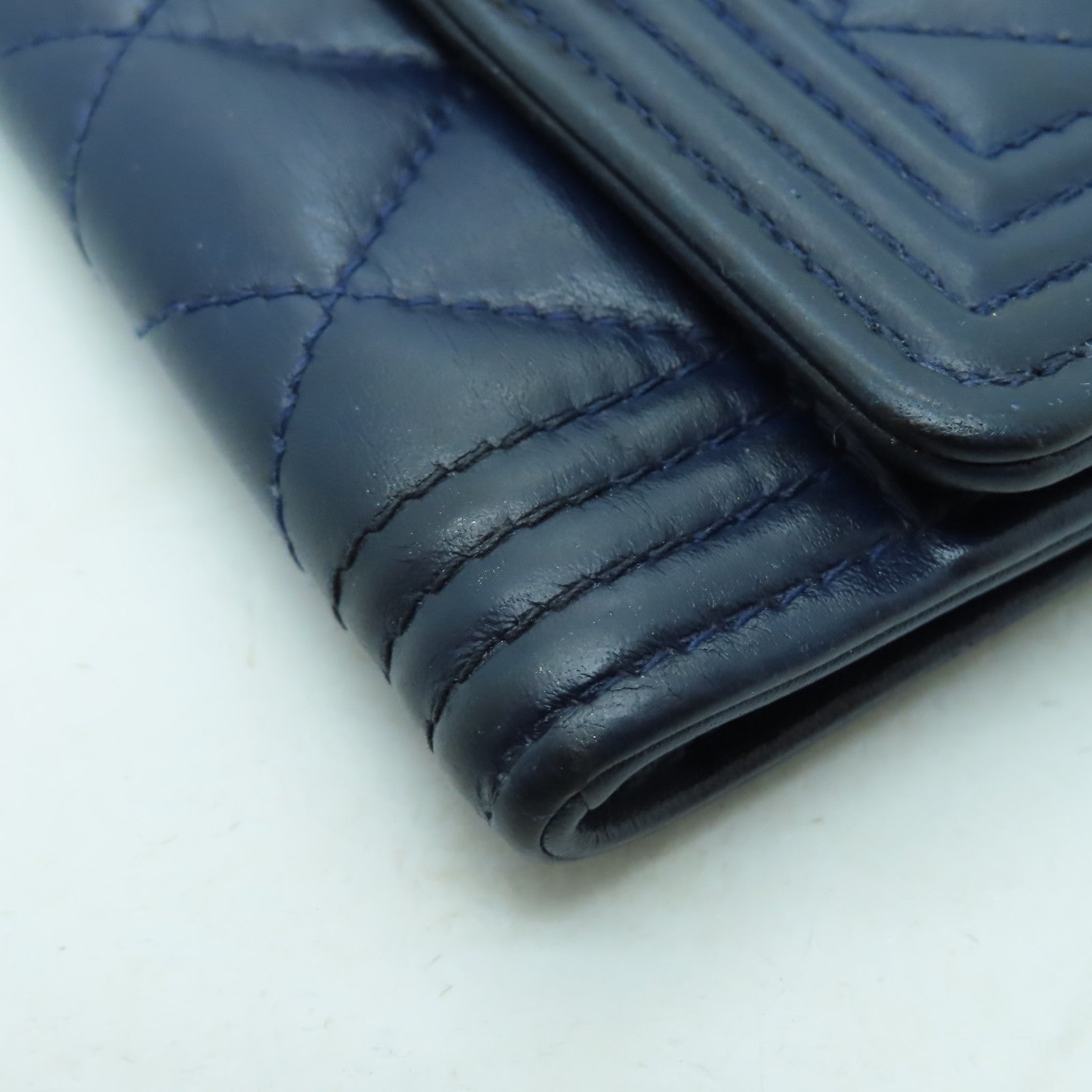 CHANEL 菱格羊皮皮革Card Case金扣卡片套海軍藍色