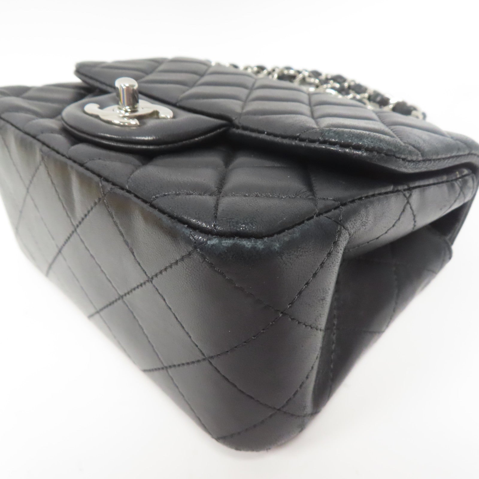 CHANEL 菱格羊皮皮革Chain Shoulder銀扣黑色