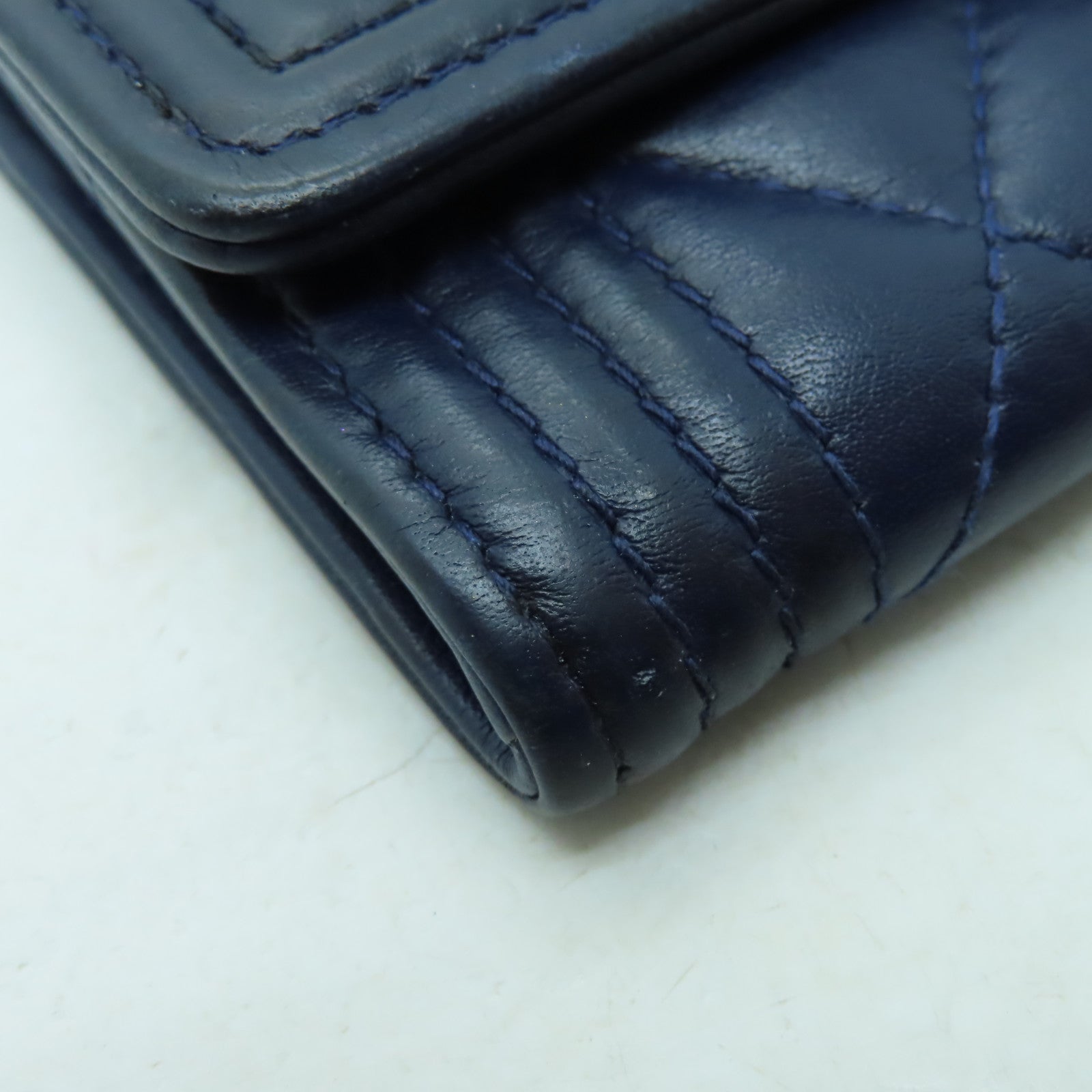 CHANEL 菱格羊皮皮革Card Case金扣卡片套海軍藍色