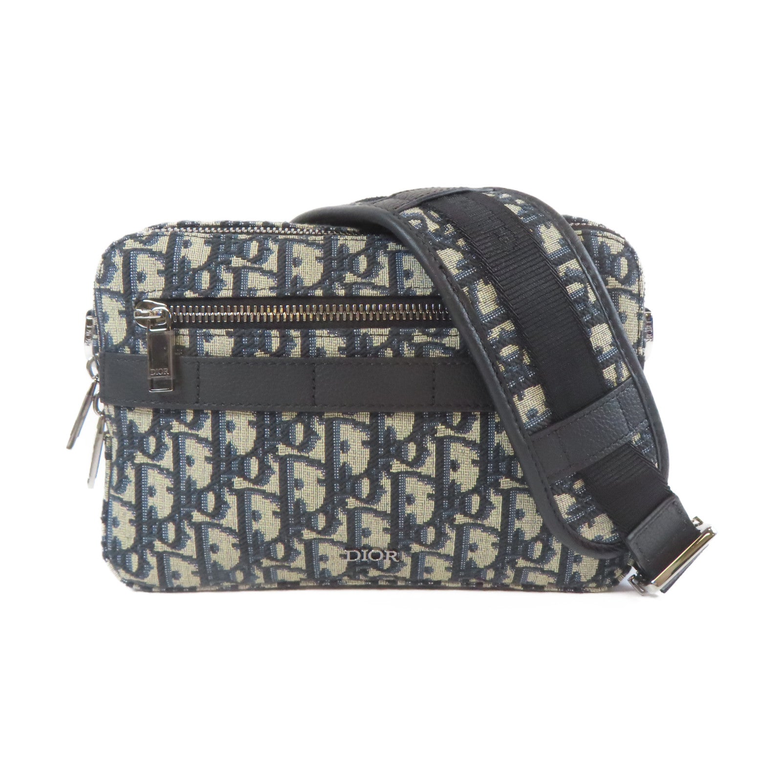 Dior 帆布/牛皮皮革Safari Bag銀扣肩背袋藍色