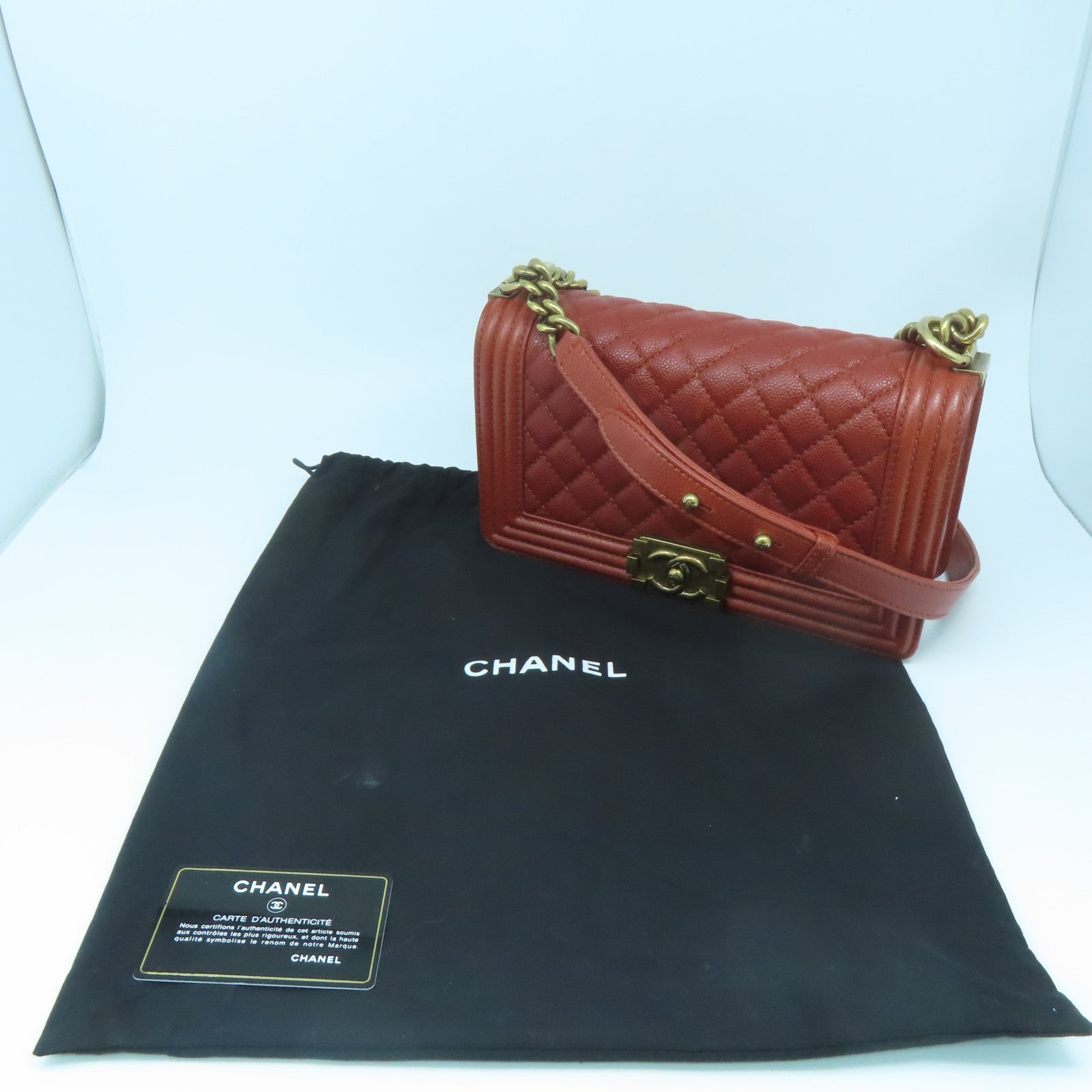 CHANEL Rhombus Caviar Leather Chanel Boy Gold Buckle Chain Shoulder Bag Brown