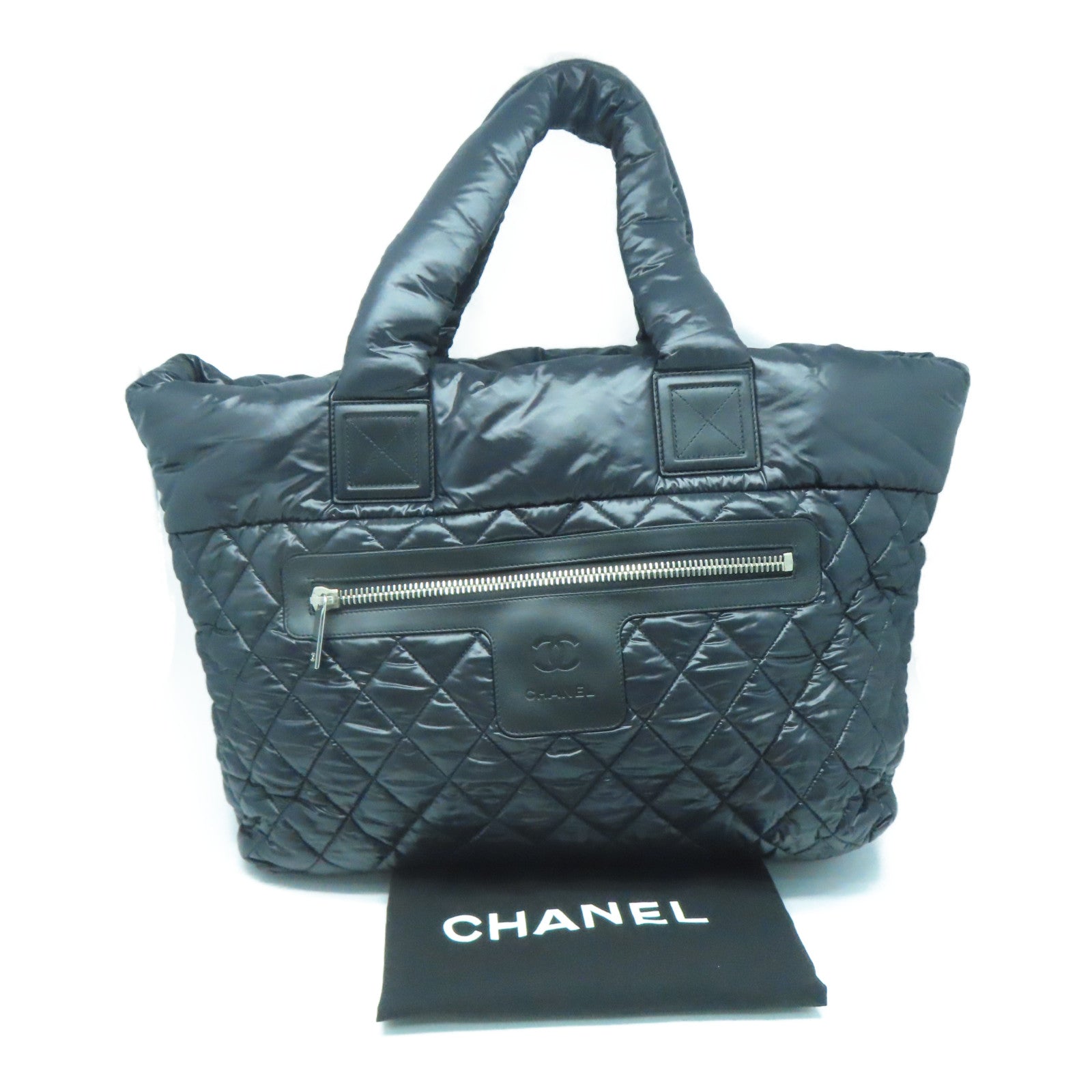 CHANEL 菱格尼龙Handbag银扣手挽袋黑色