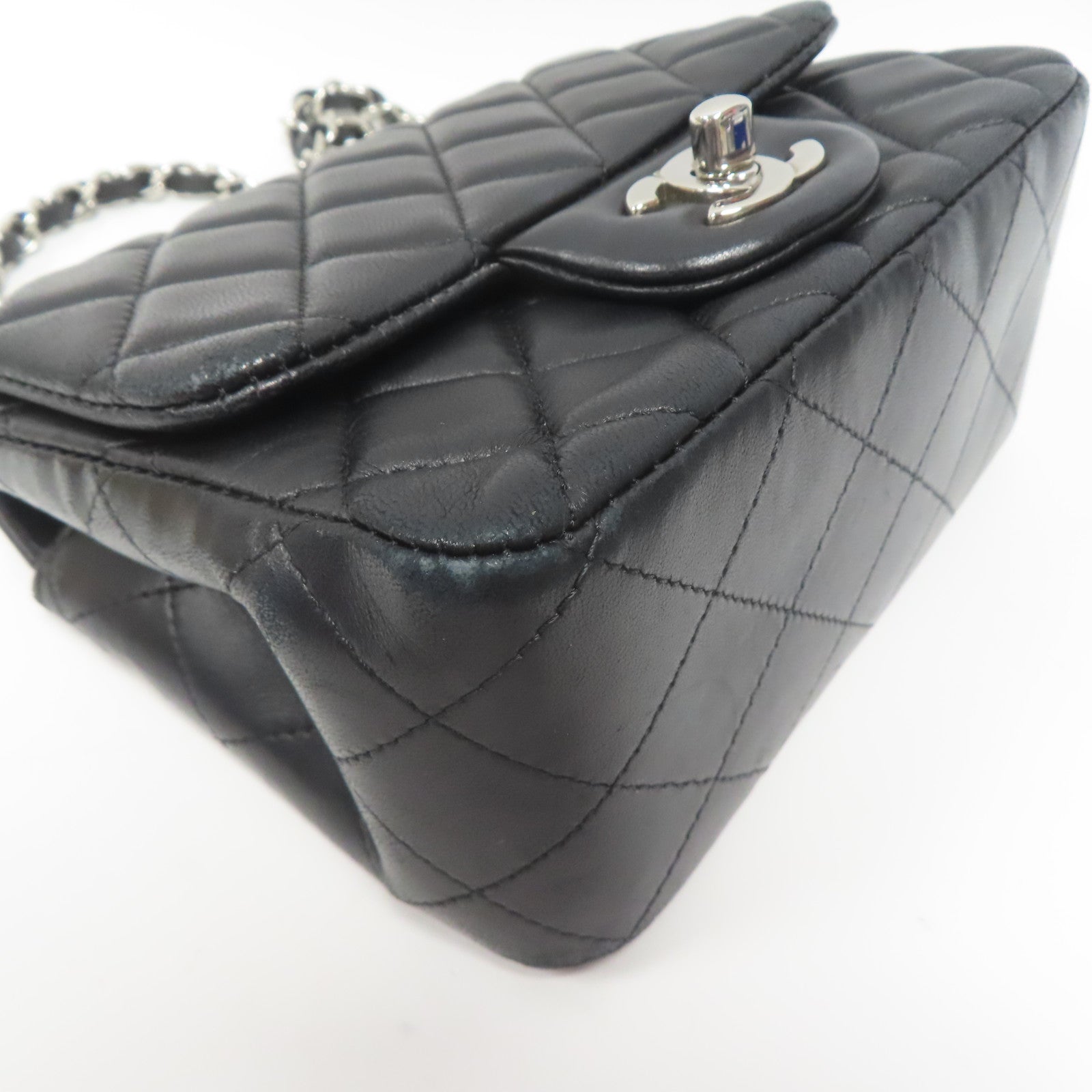 CHANEL 菱格羊皮皮革Chain Shoulder銀扣黑色