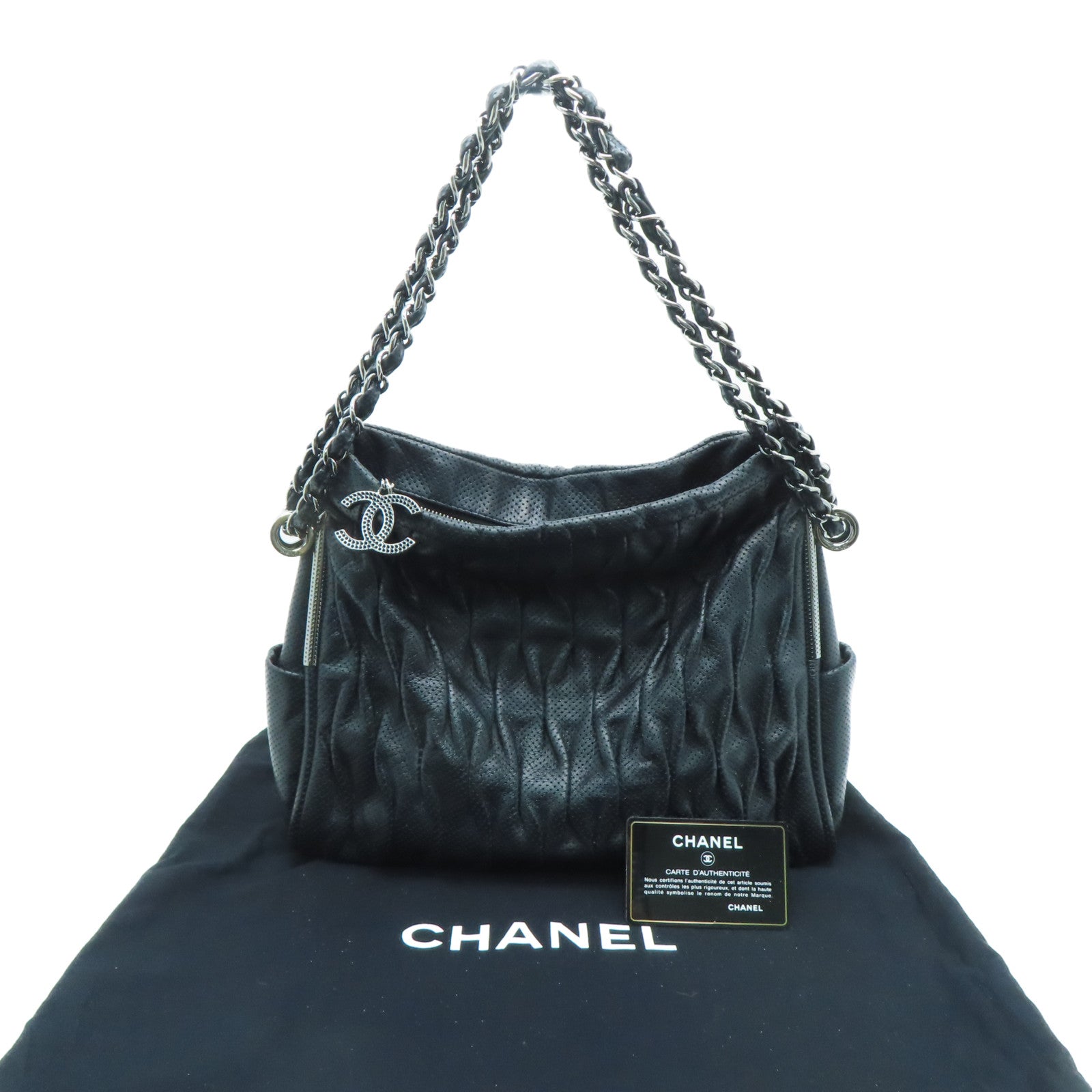 CHANEL 牛皮皮革Chain Shoulder银扣肩背袋黑色
