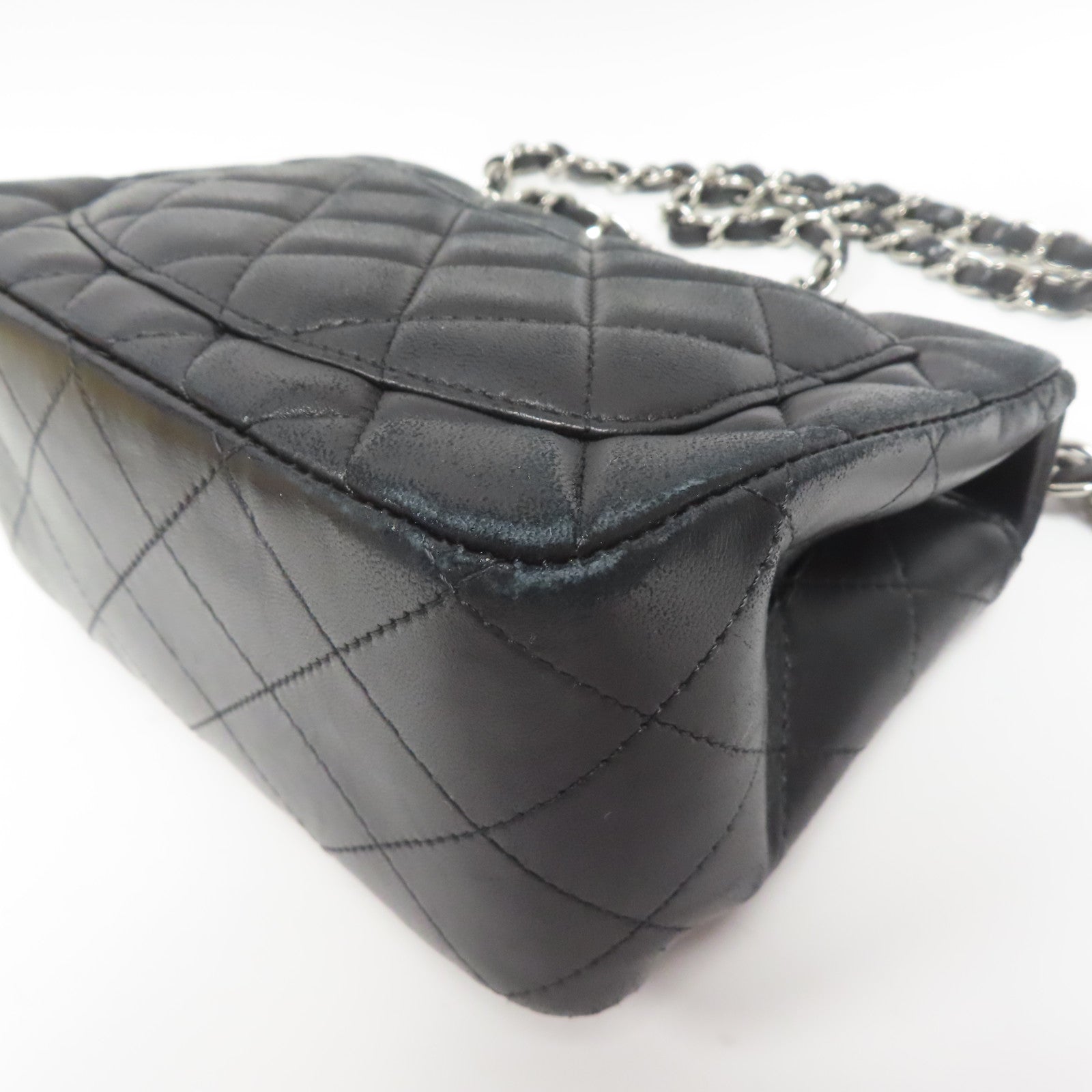 CHANEL 菱格羊皮皮革Chain Shoulder銀扣黑色