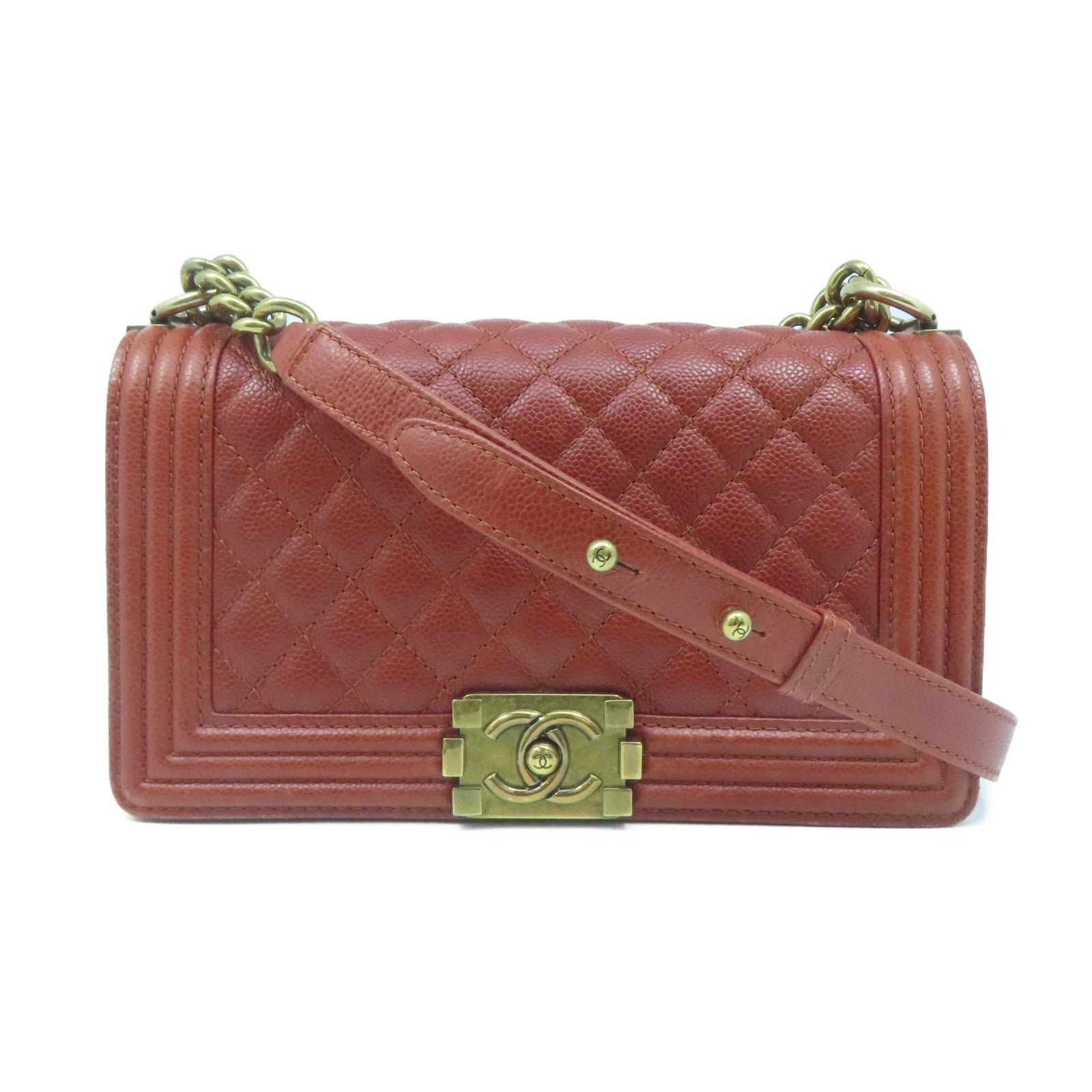 CHANEL Rhombus Caviar Leather Chanel Boy Gold Buckle Chain Shoulder Bag Brown