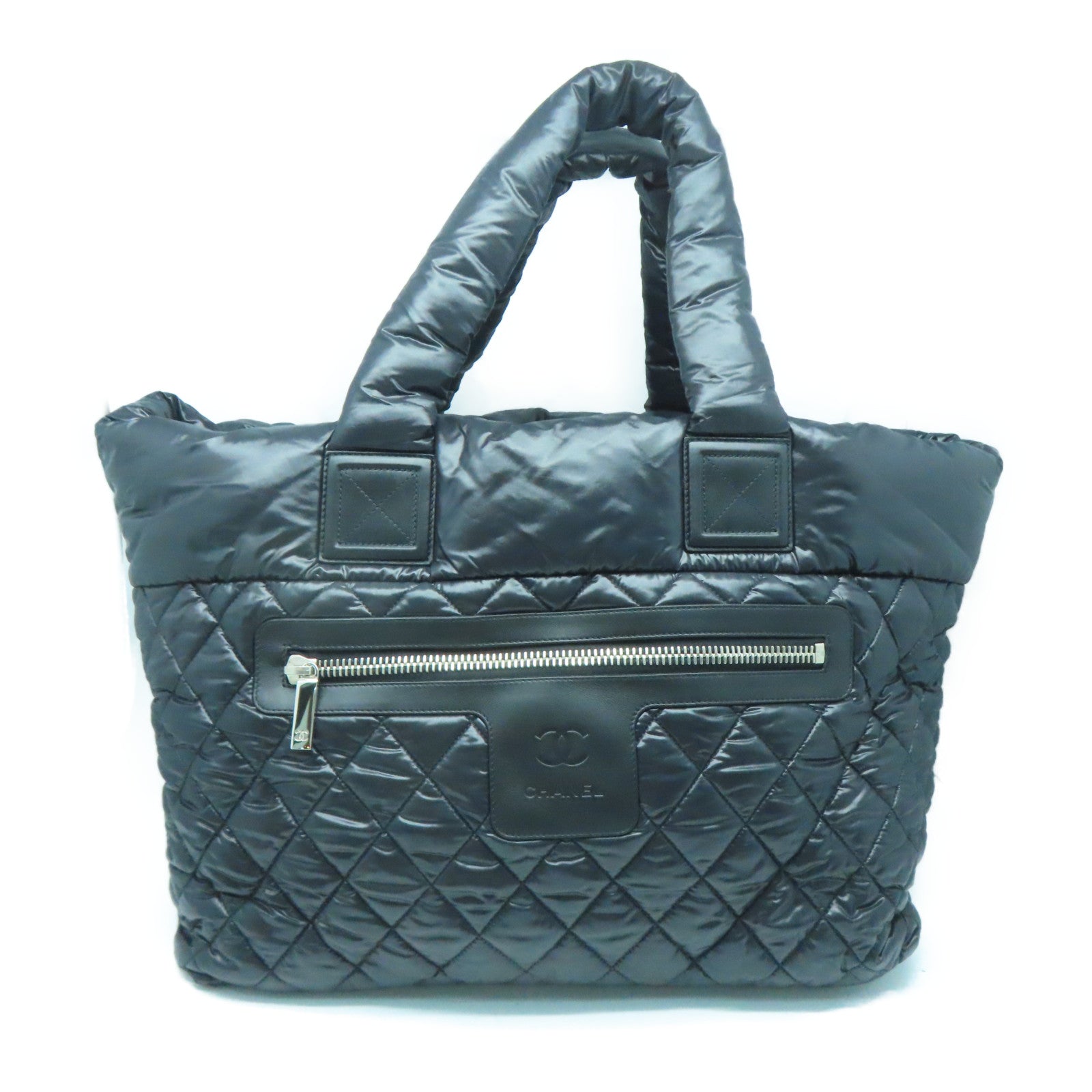 CHANEL 菱格尼龙Handbag银扣手挽袋黑色