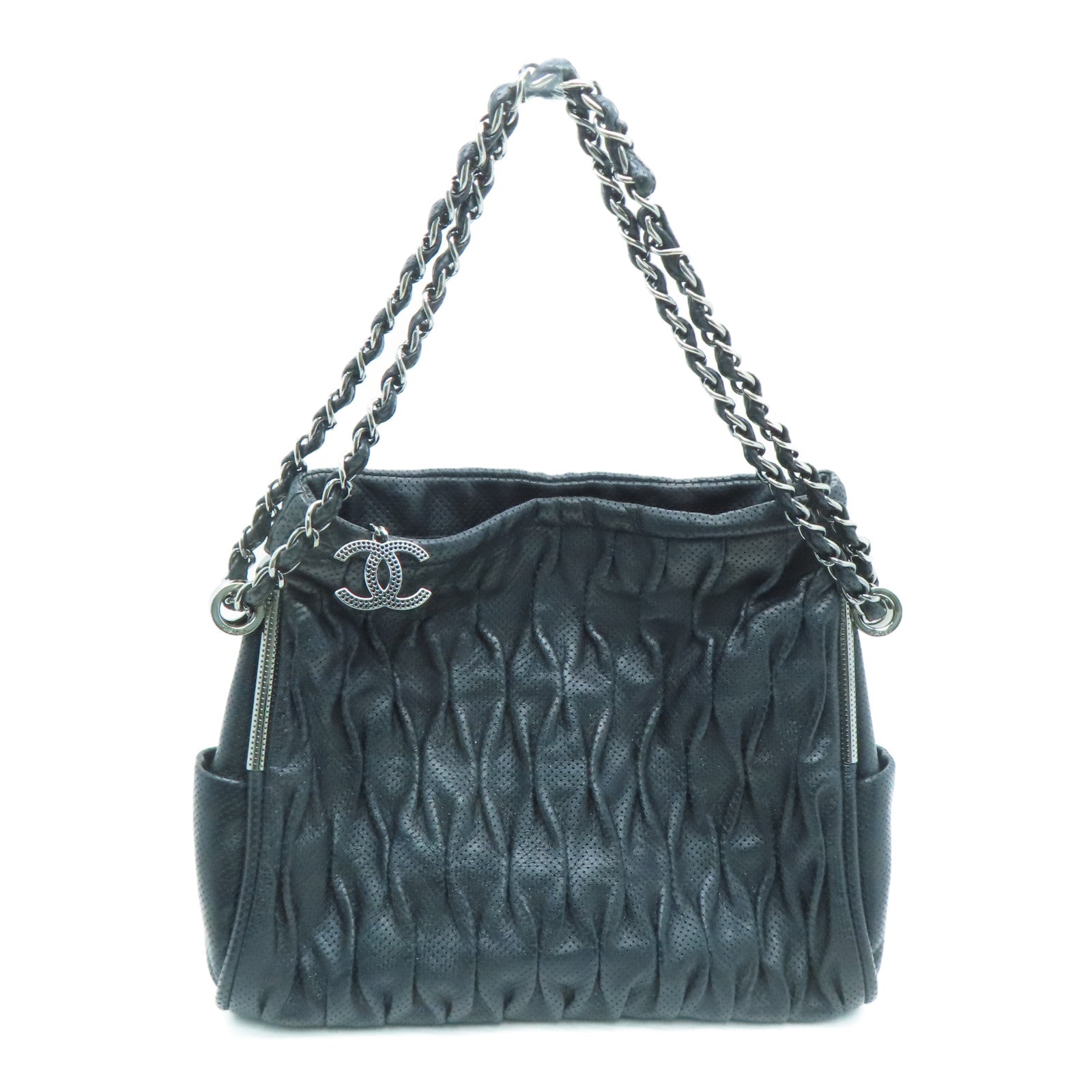 CHANEL 牛皮皮革Chain Shoulder银扣肩背袋黑色