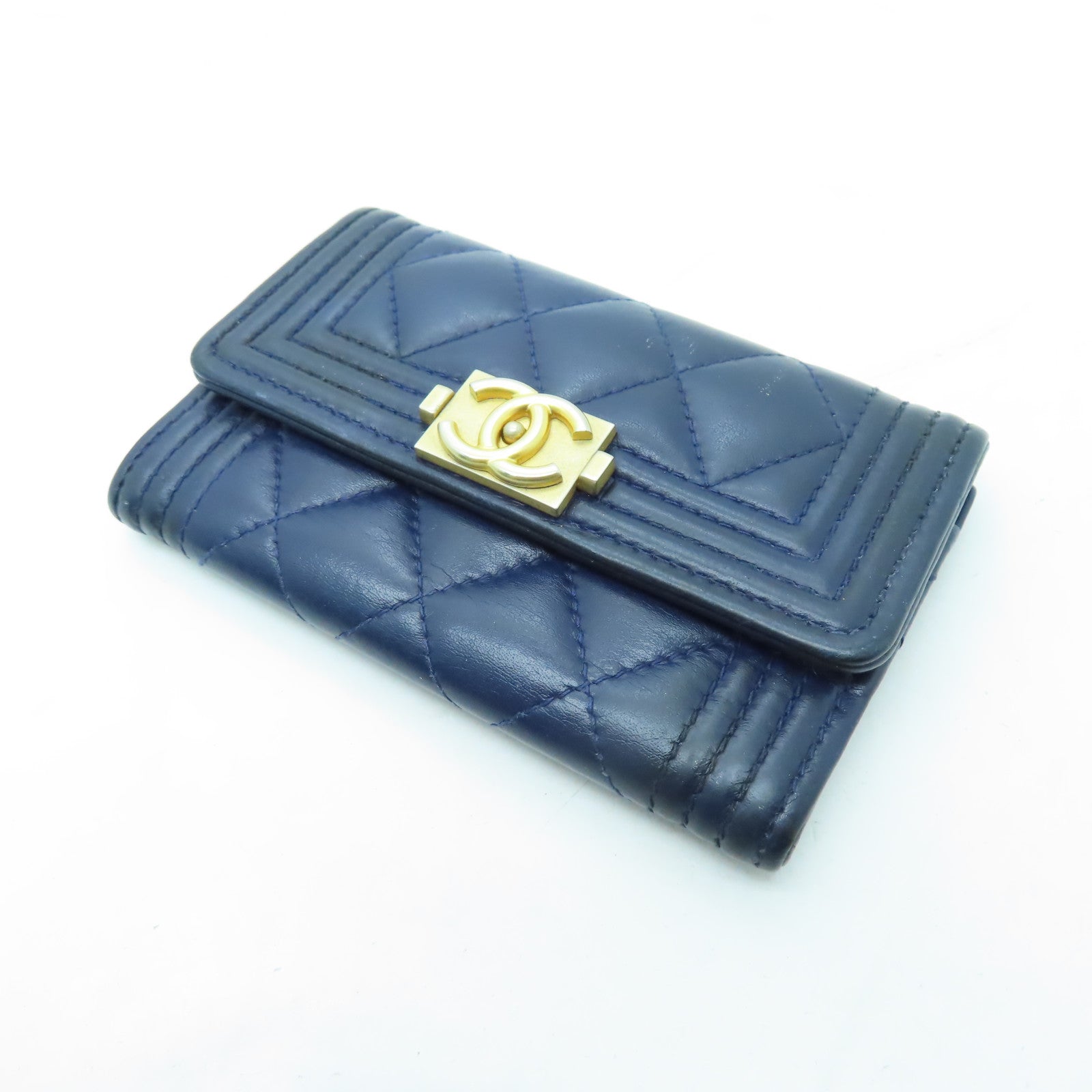 CHANEL 菱格羊皮皮革Card Case金扣卡片套海軍藍色