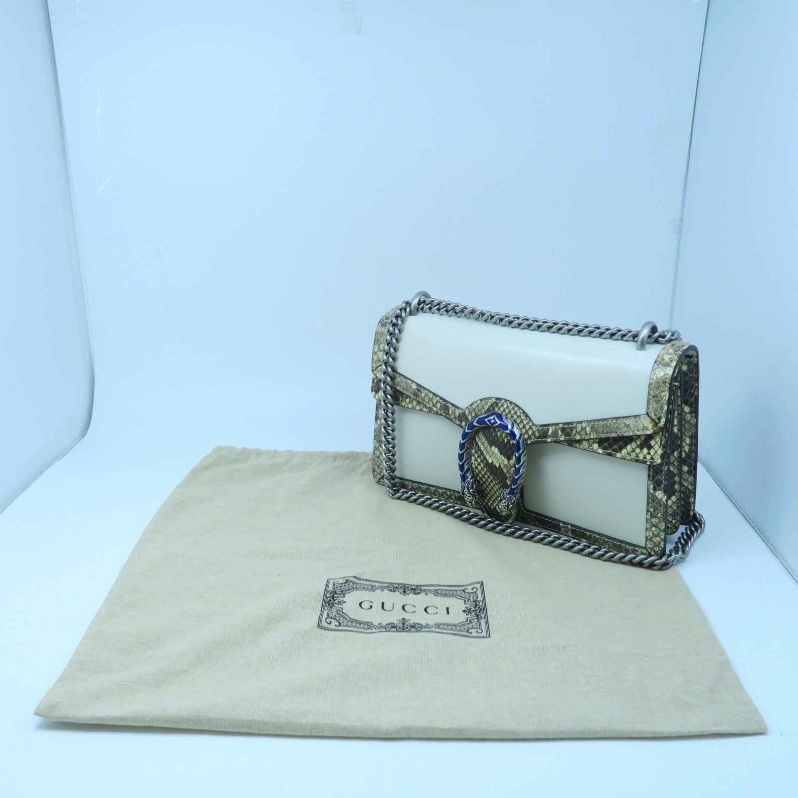 GUCCI 牛皮/蛇皮皮革Chain Shoulder銀扣鏈帶肩背袋白色