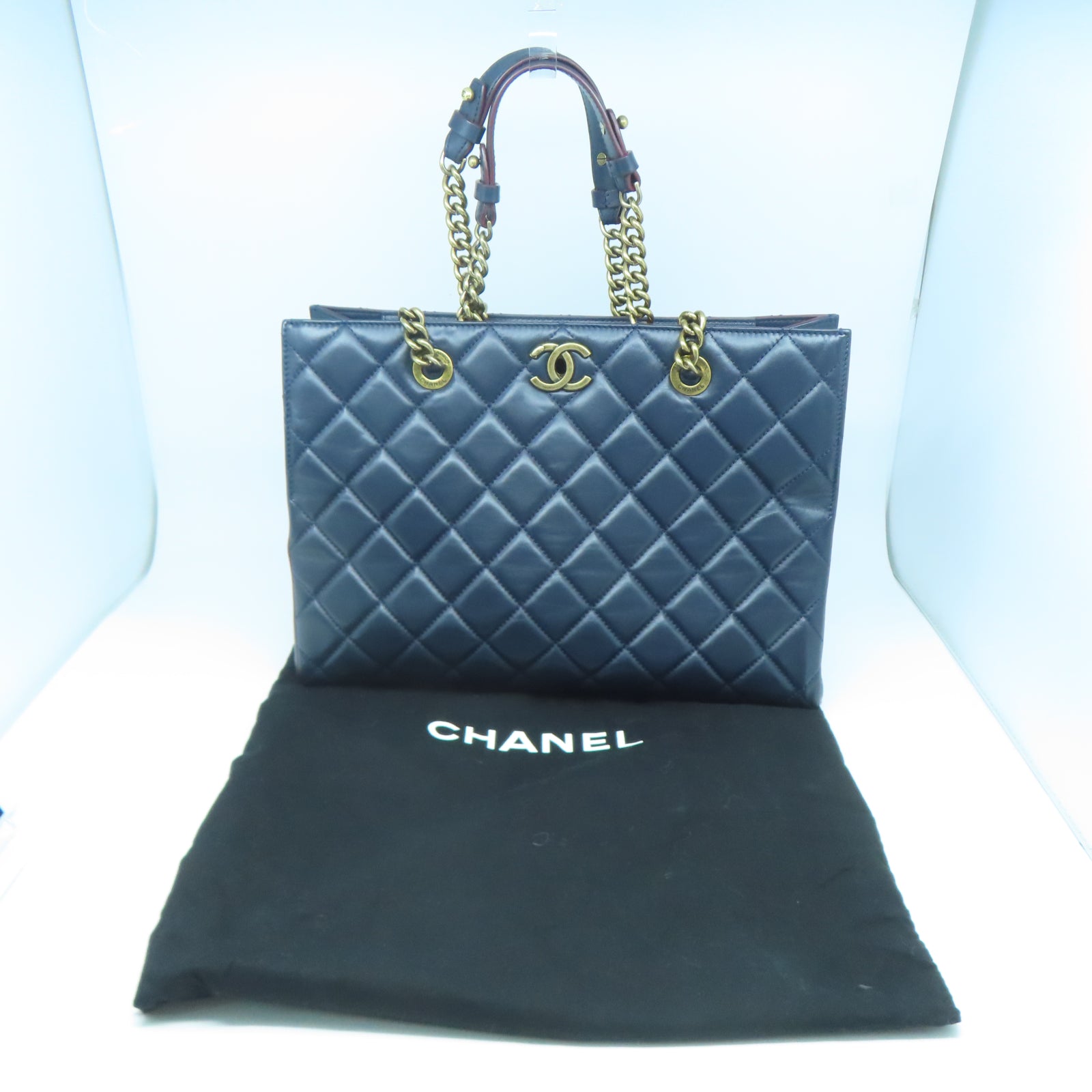 CHANEL 菱格牛皮皮革Chain Shoulder金扣鏈帶肩背袋藍色