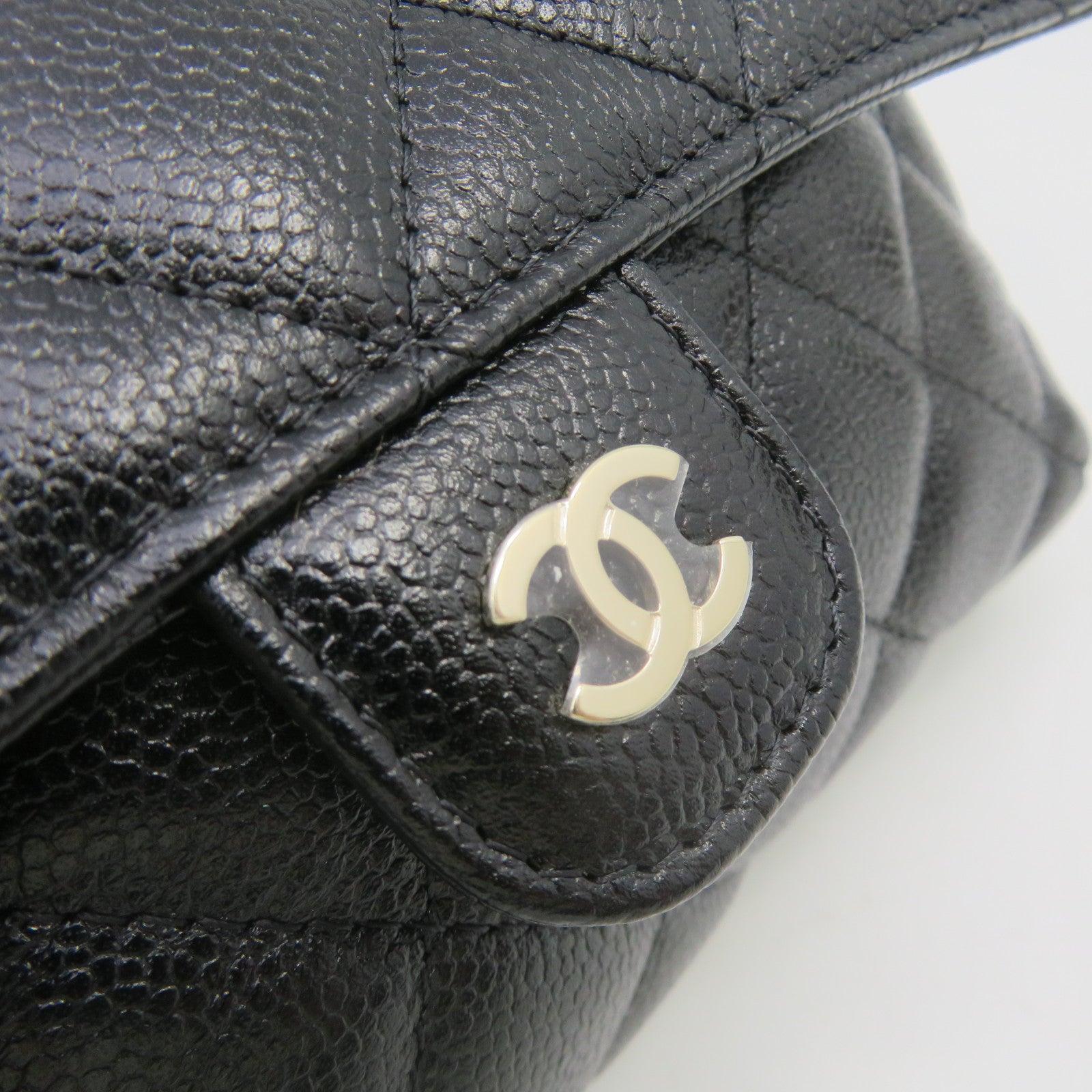 CHANEL Caviar皮革/尼龍Foldable Tote Shoulder Bag銀扣鏈帶手挽肩背兩用袋黑色
