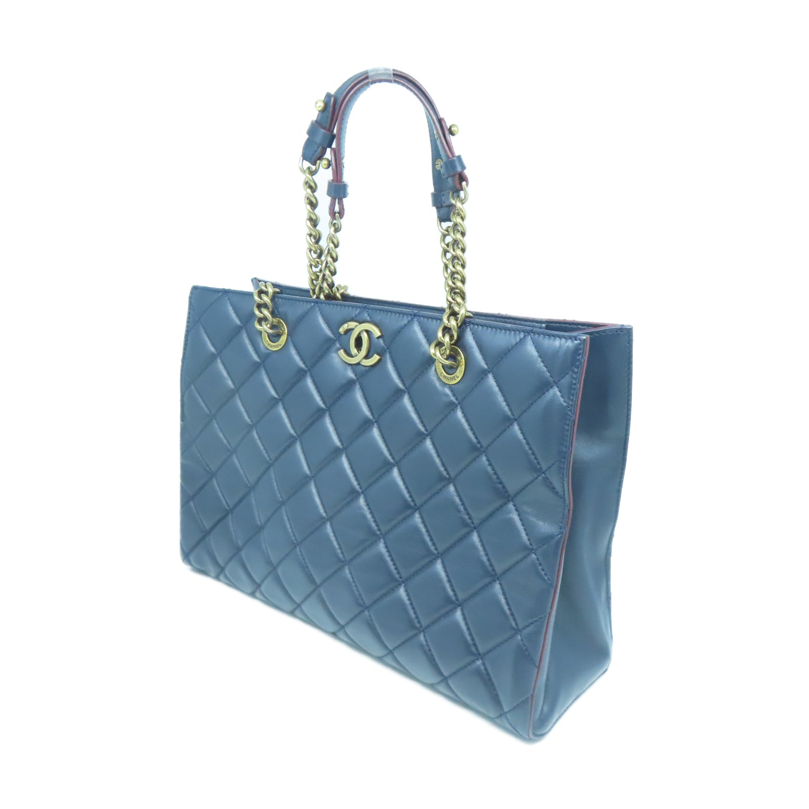 CHANEL 菱格牛皮皮革Chain Shoulder金扣鏈帶肩背袋藍色