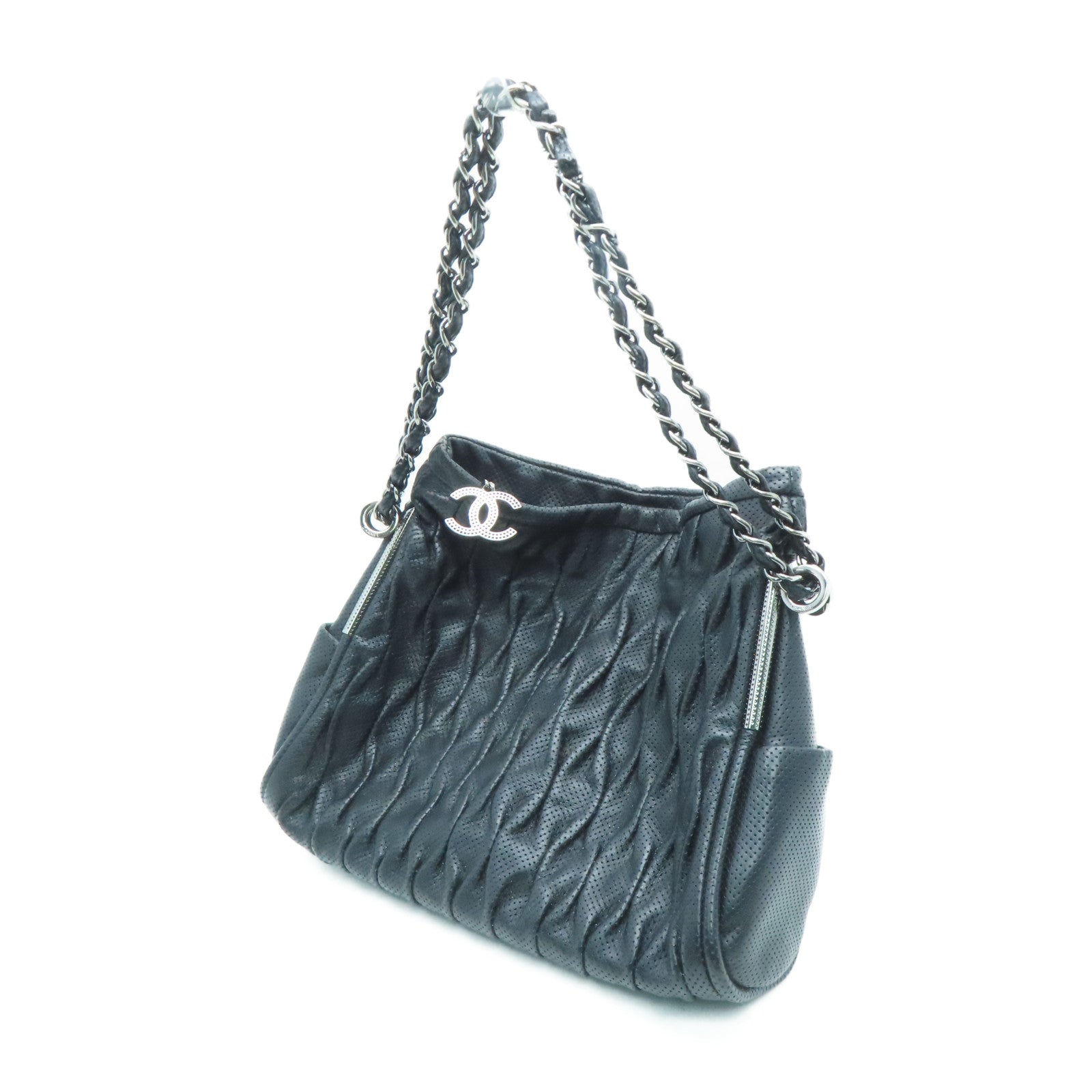 CHANEL 牛皮皮革Chain Shoulder银扣肩背袋黑色