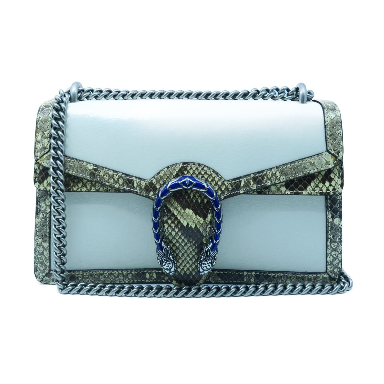 GUCCI 牛皮/蛇皮皮革Chain Shoulder銀扣鏈帶肩背袋白色