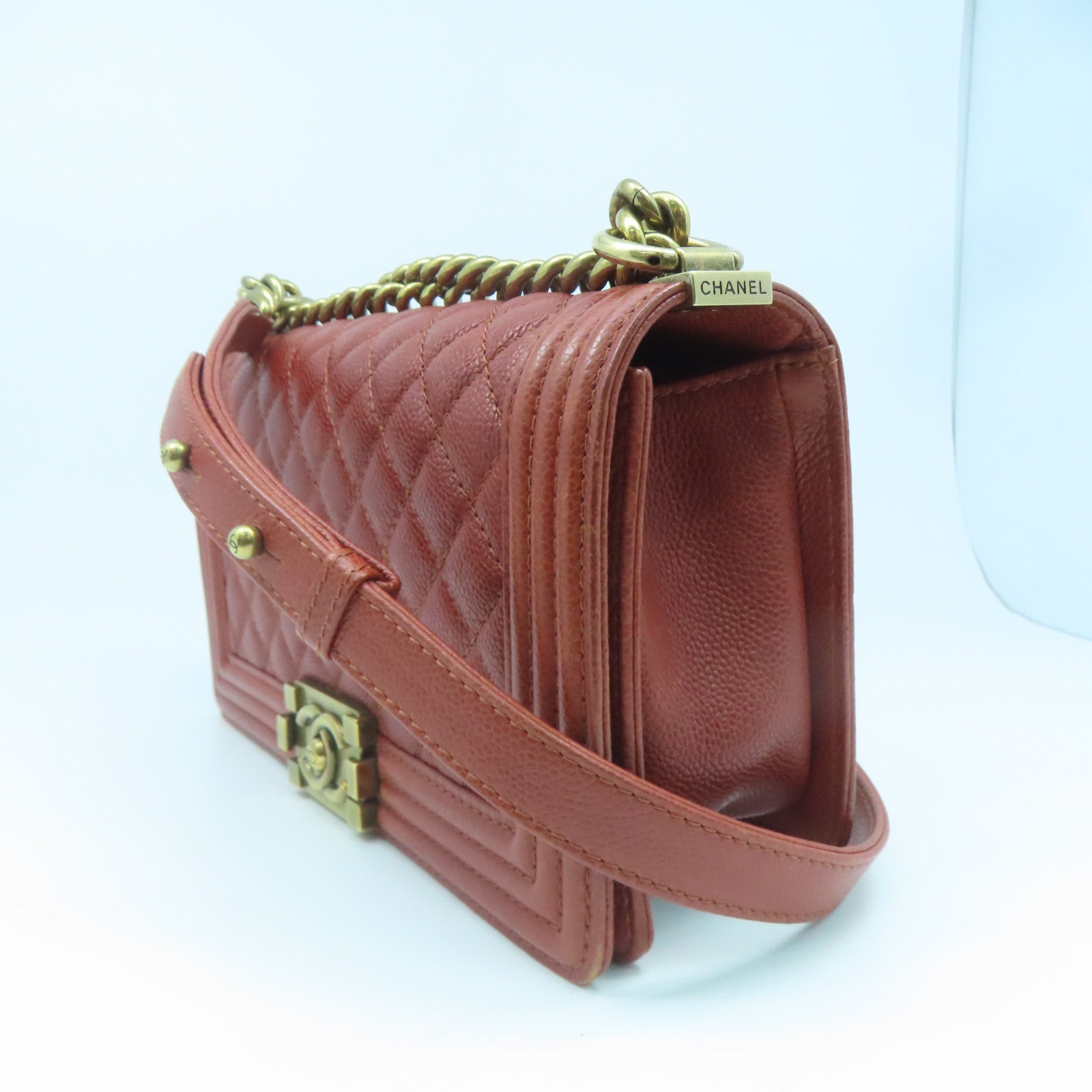 CHANEL Rhombus Caviar Leather Chanel Boy Gold Buckle Chain Shoulder Bag Brown