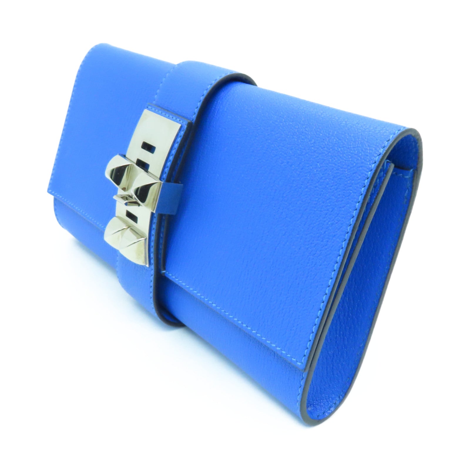 HERMES 【激減優惠】Chevre皮革Medor Clutch銀扣手拿包Blue Hydra藍色
