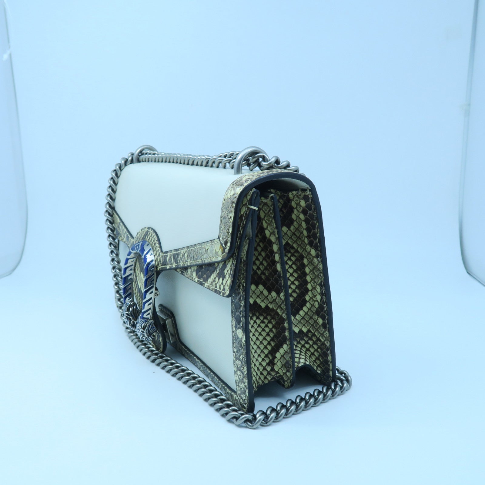 GUCCI 牛皮/蛇皮皮革Chain Shoulder銀扣鏈帶肩背袋白色
