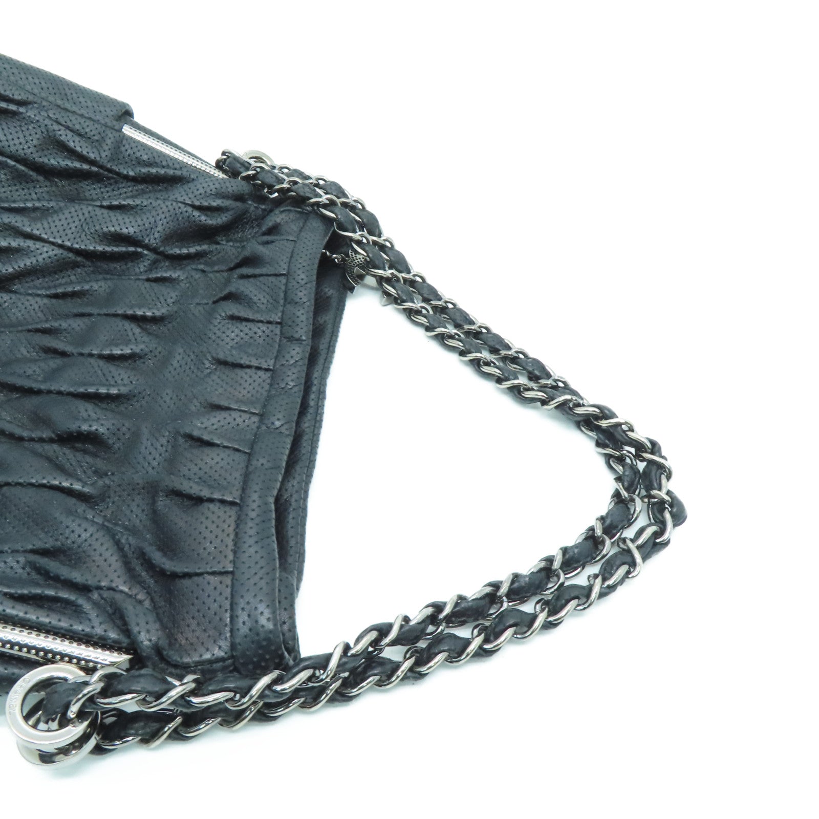 CHANEL 牛皮皮革Chain Shoulder银扣肩背袋黑色