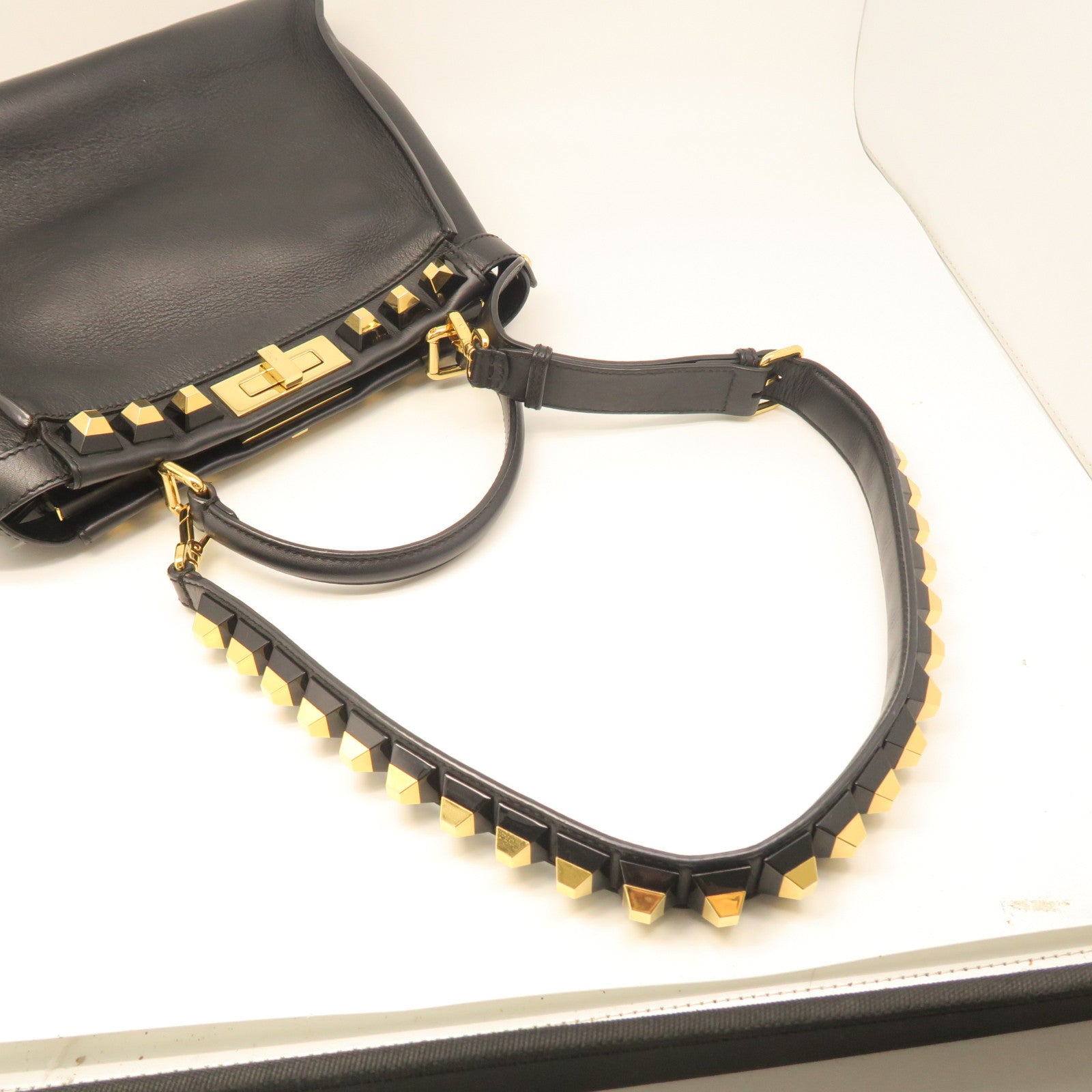 FENDI Cowhide Leather Peekaboo Gold Buckle Handle Shoulder Bag Black