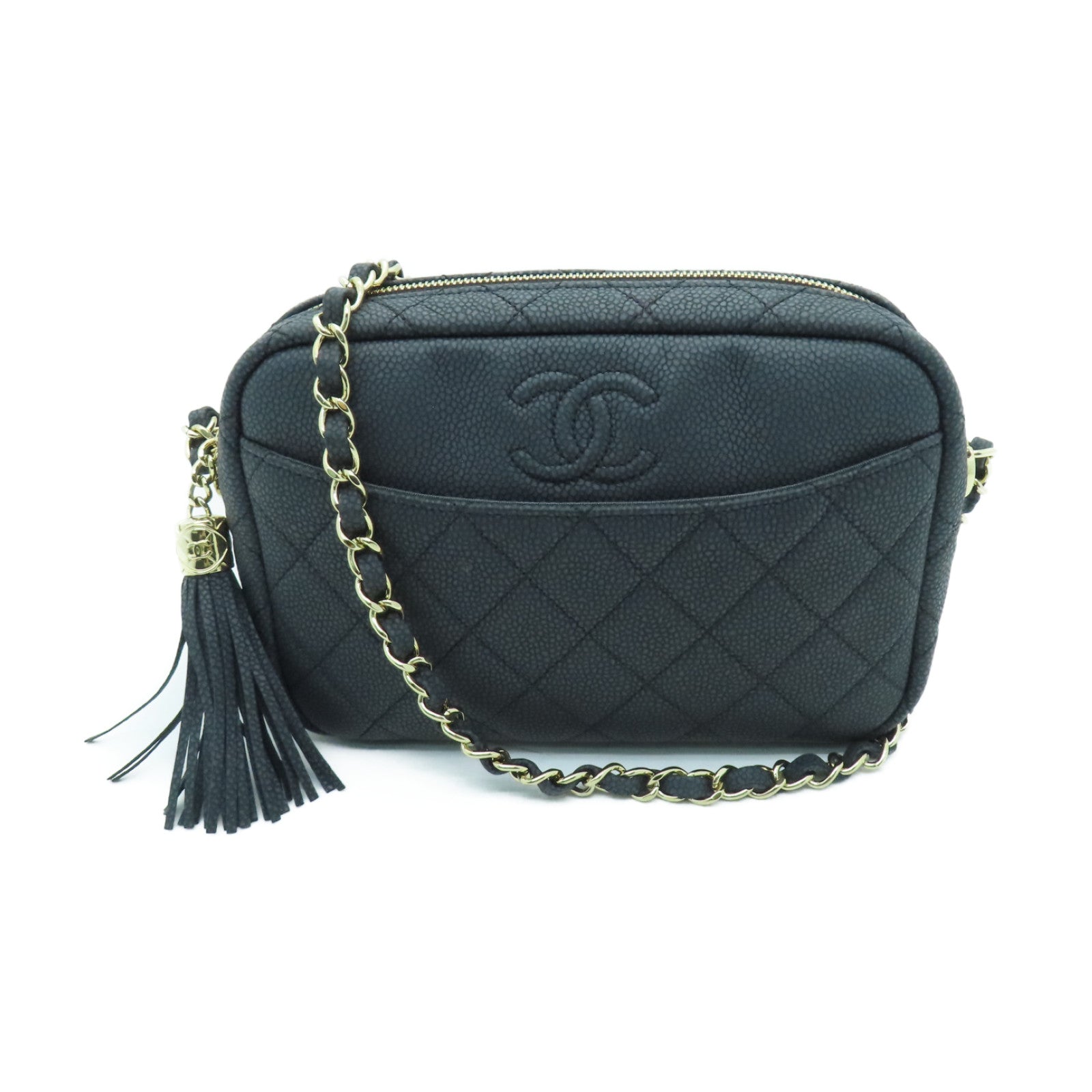 CHANEL Caviar Leather Chain Shoulder Bag Gold Buckle Chain Shoulder Bag Black