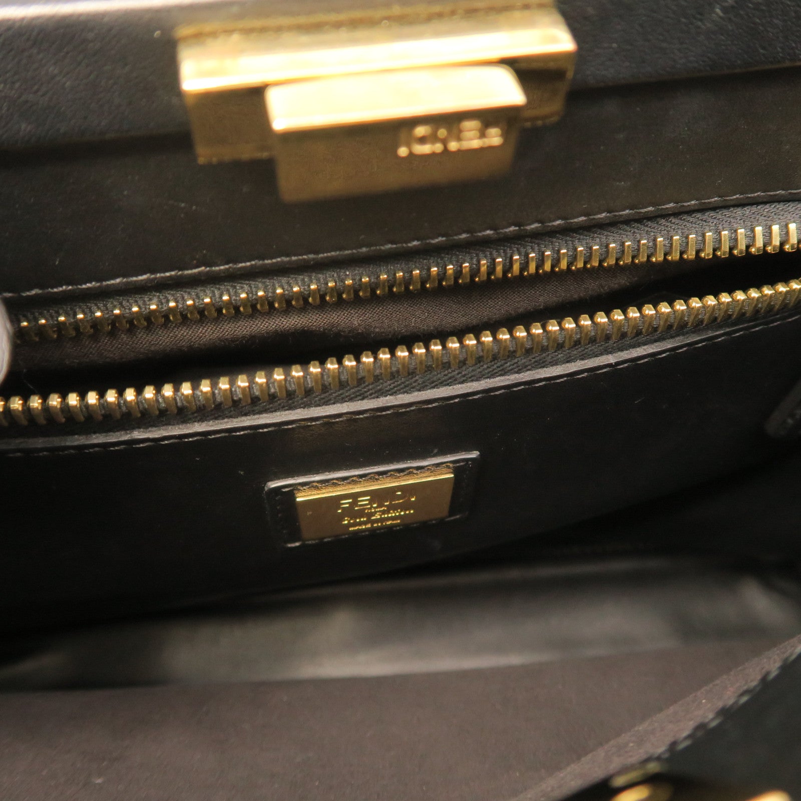 FENDI Cowhide Leather Peekaboo Gold Buckle Handle Shoulder Bag Black
