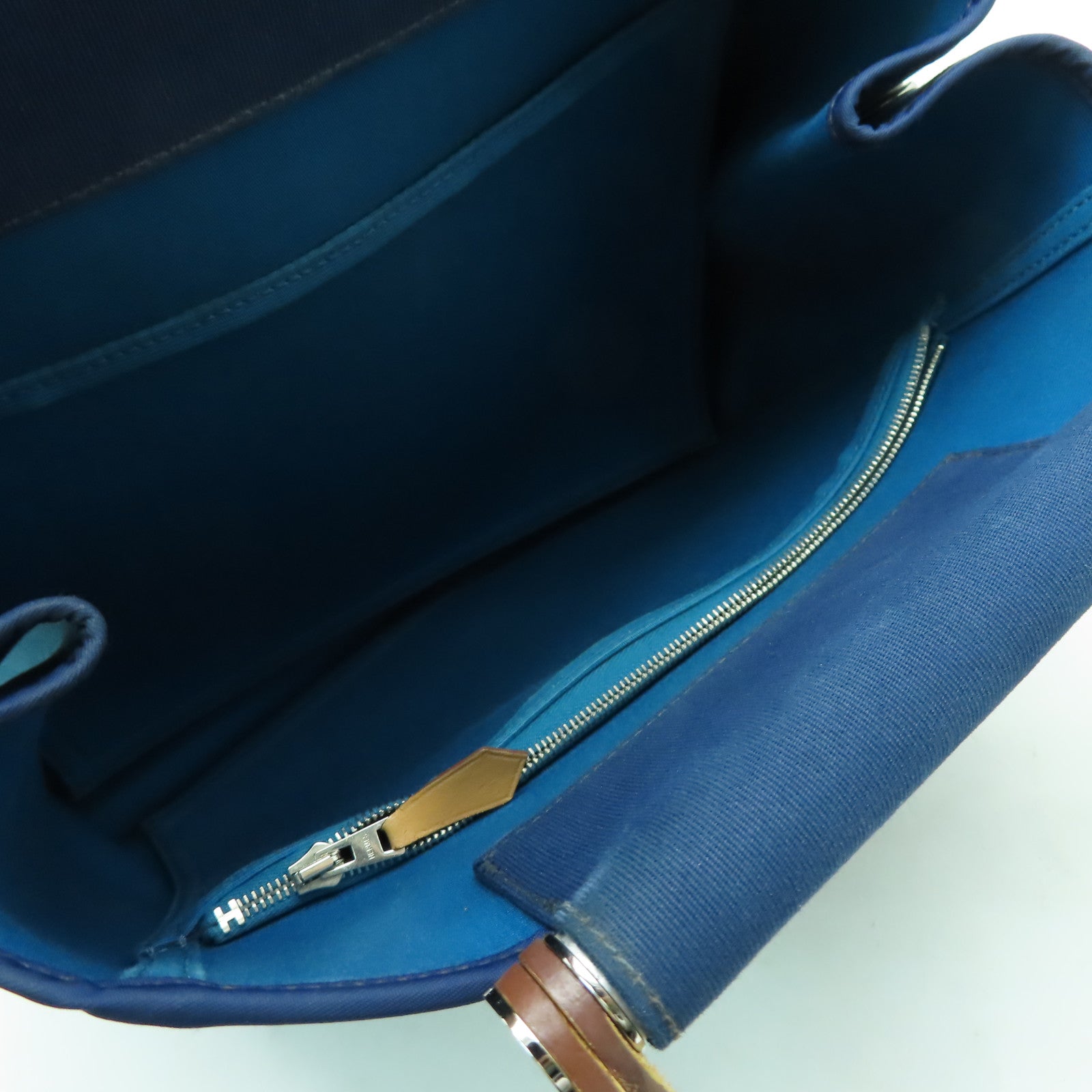 HERMES 帆布Cabag銀扣手挽肩背兩用袋藍色
