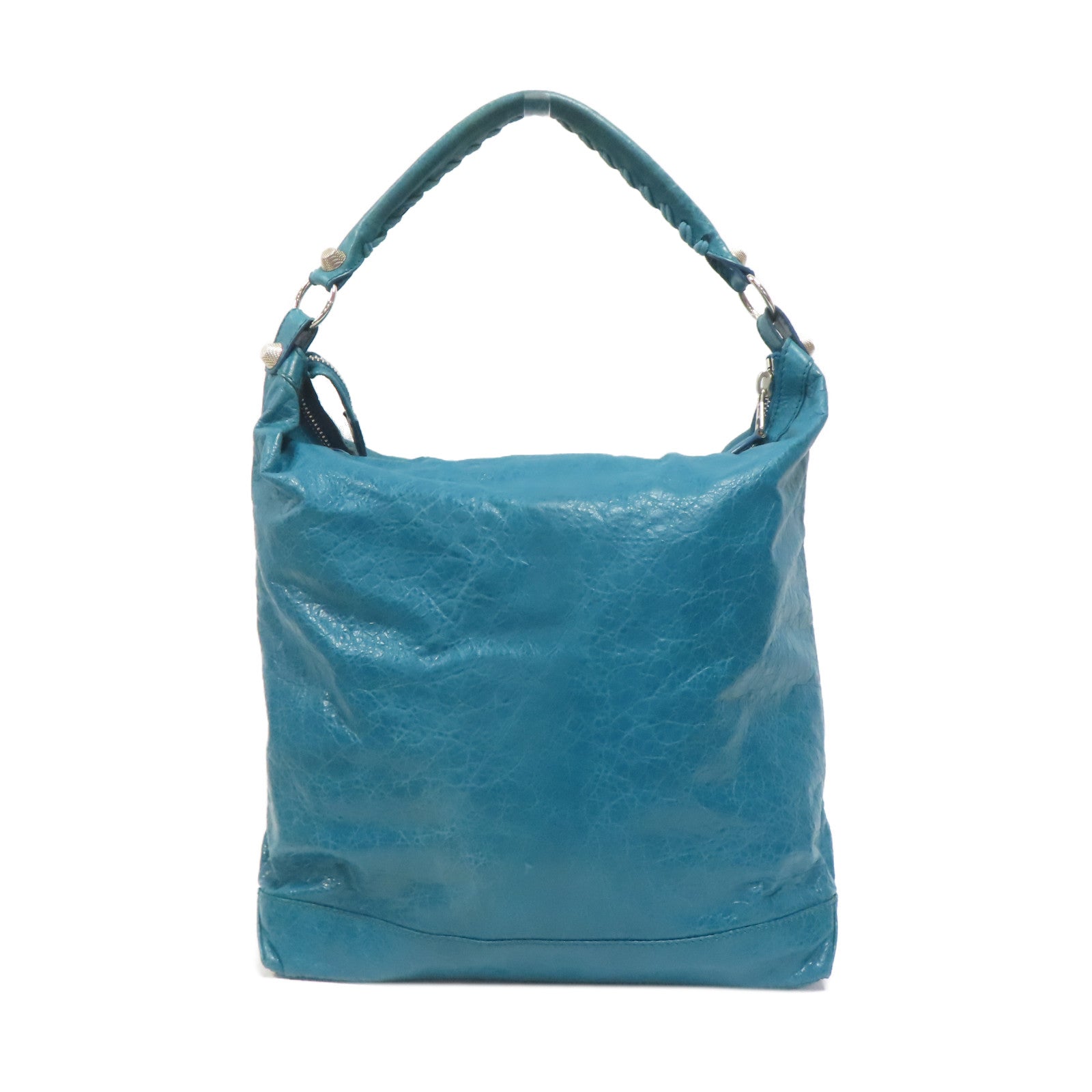 BALENCIAGA 牛皮皮革Bucket Bag銀扣肩背袋綠松石色