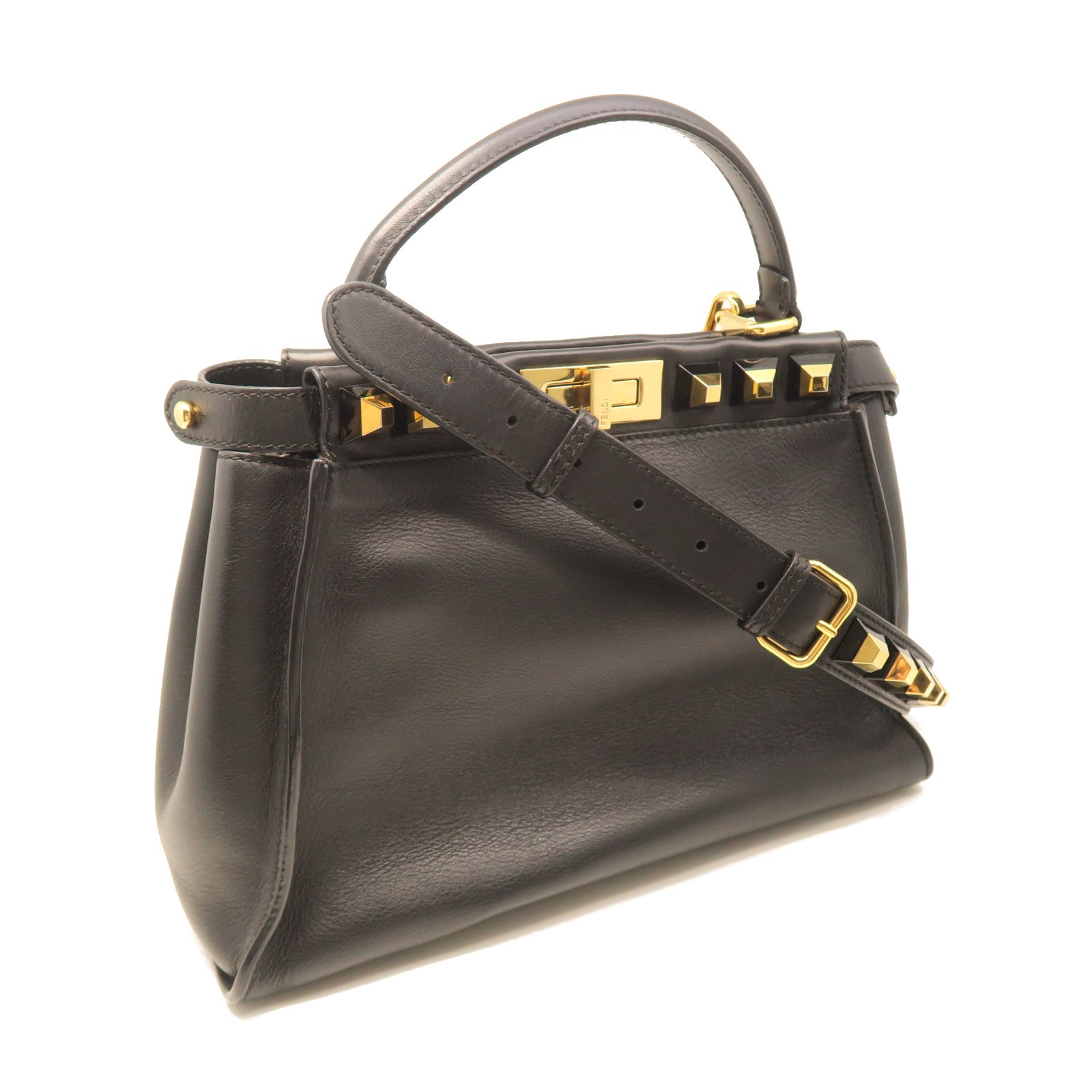 FENDI Cowhide Leather Peekaboo Gold Buckle Handle Shoulder Bag Black