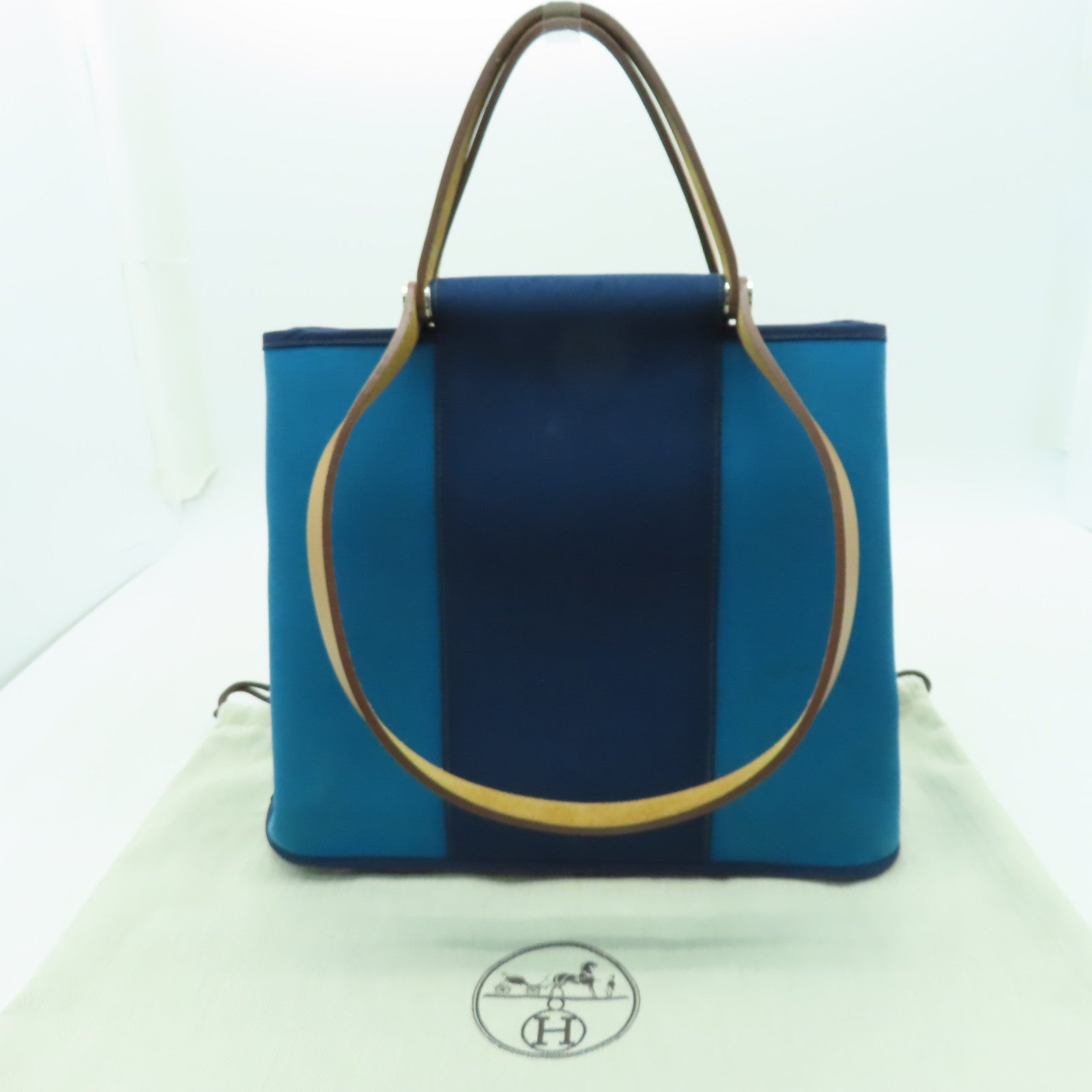 HERMES 帆布Cabag銀扣手挽肩背兩用袋藍色