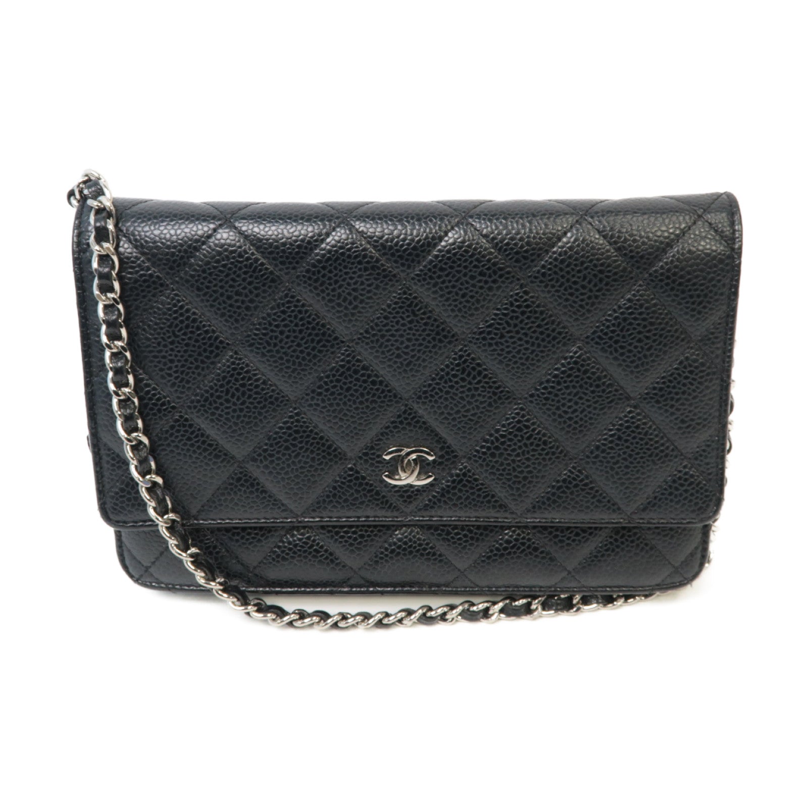 CHANEL 菱格Caviar皮革WOC銀扣鏈帶肩背袋黑色