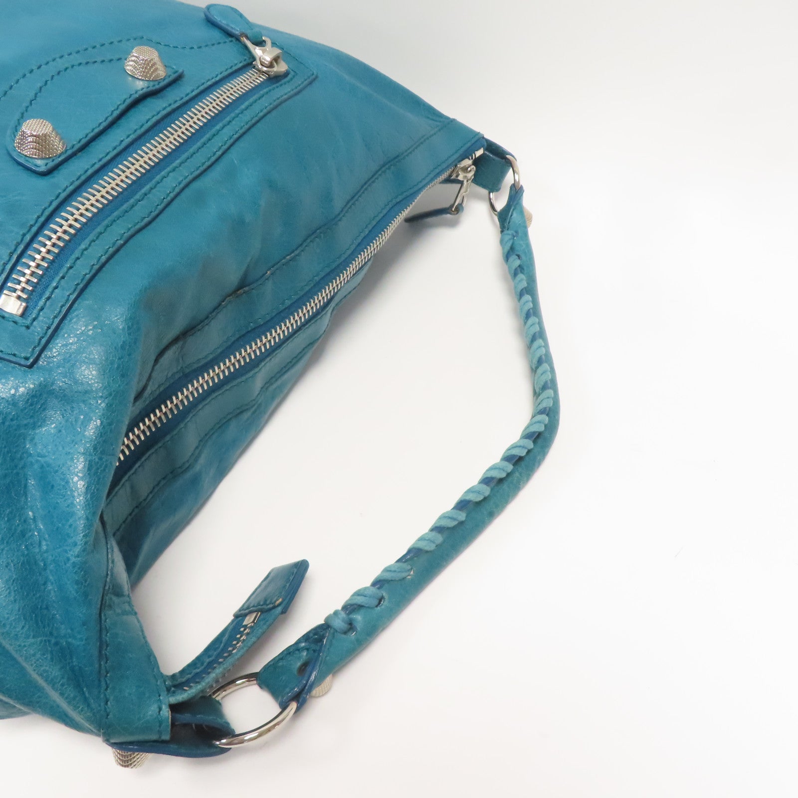 BALENCIAGA 牛皮皮革Bucket Bag銀扣肩背袋綠松石色