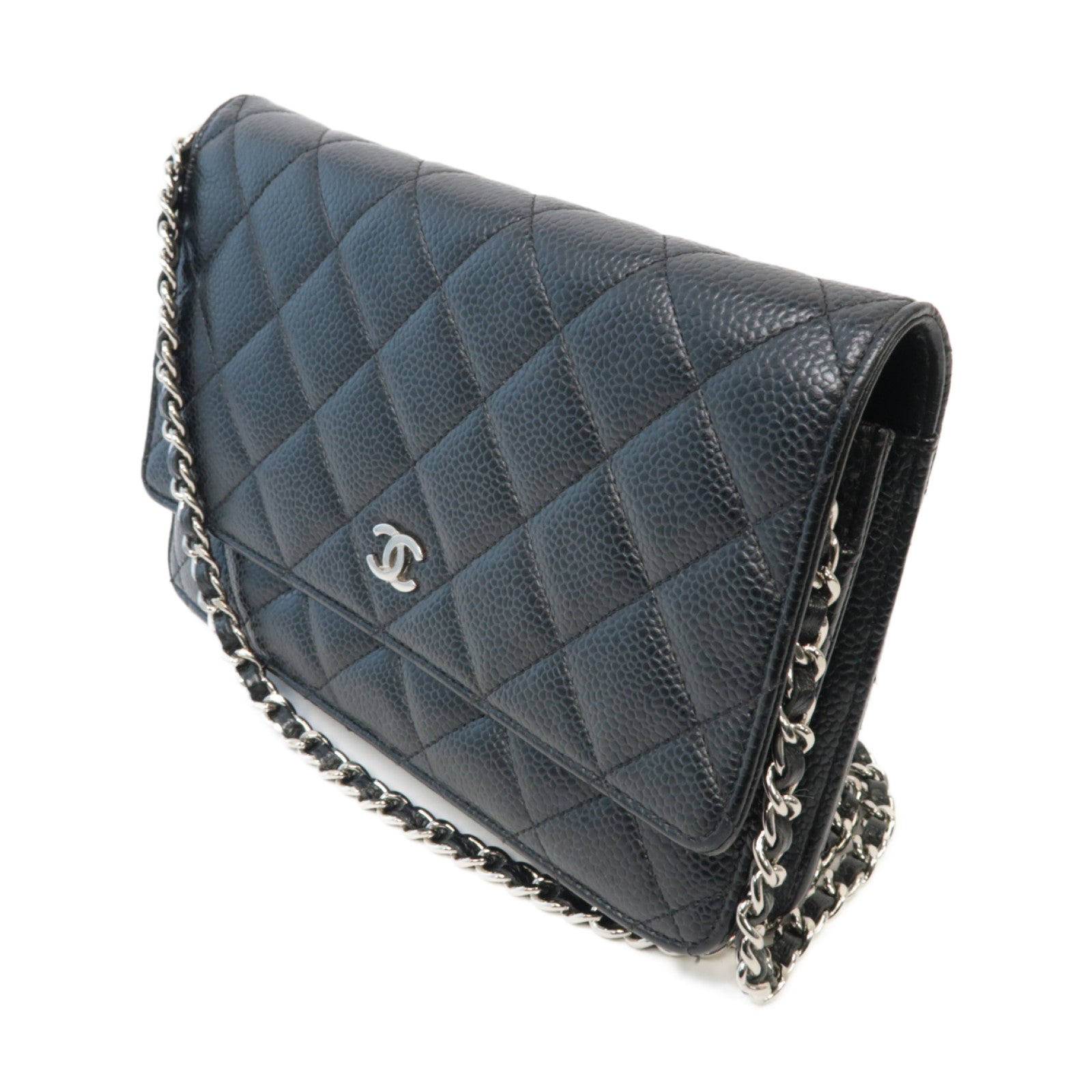 CHANEL 菱格Caviar皮革WOC銀扣鏈帶肩背袋黑色
