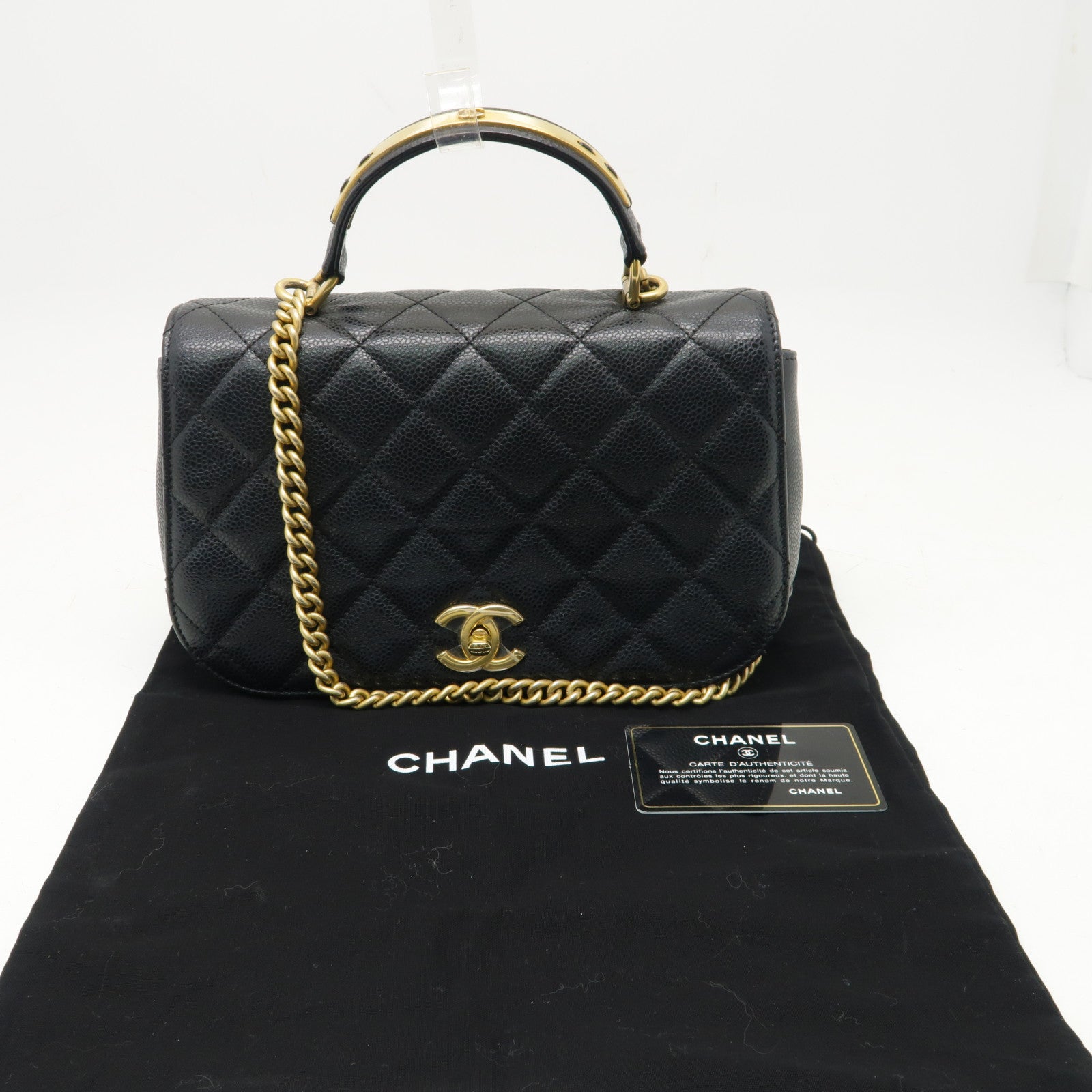 CHANEL Caviar皮革Carry Around Flap金扣手挽肩背兩用袋黒色