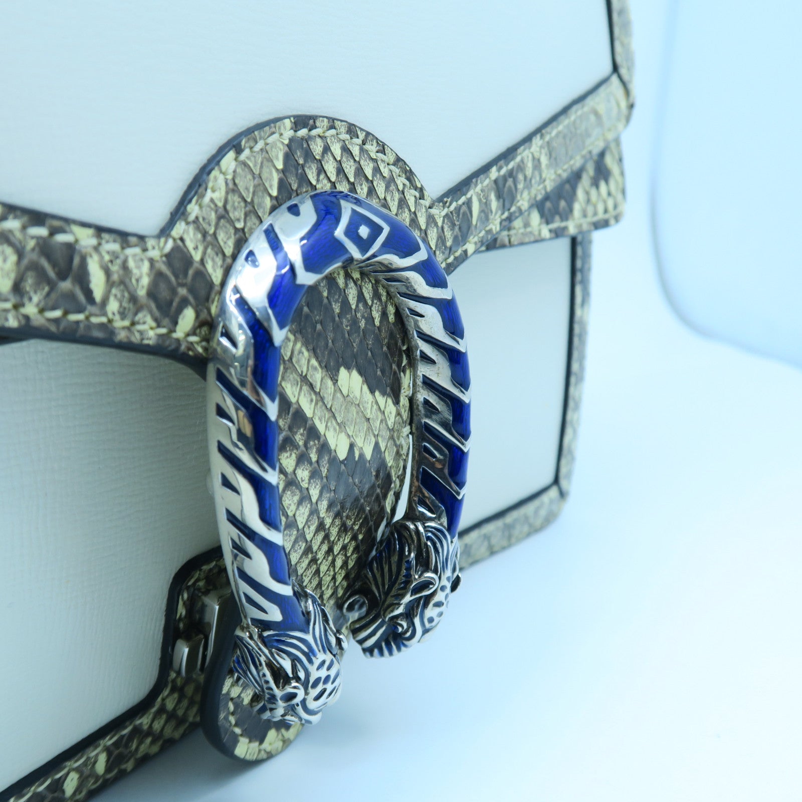 GUCCI 牛皮/蛇皮皮革Chain Shoulder銀扣鏈帶肩背袋白色