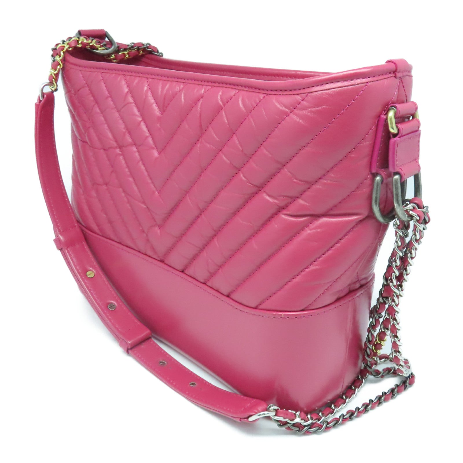CHANEL 斜紋牛皮皮革Gabrielle金扣鏈帶肩背袋粉紅色