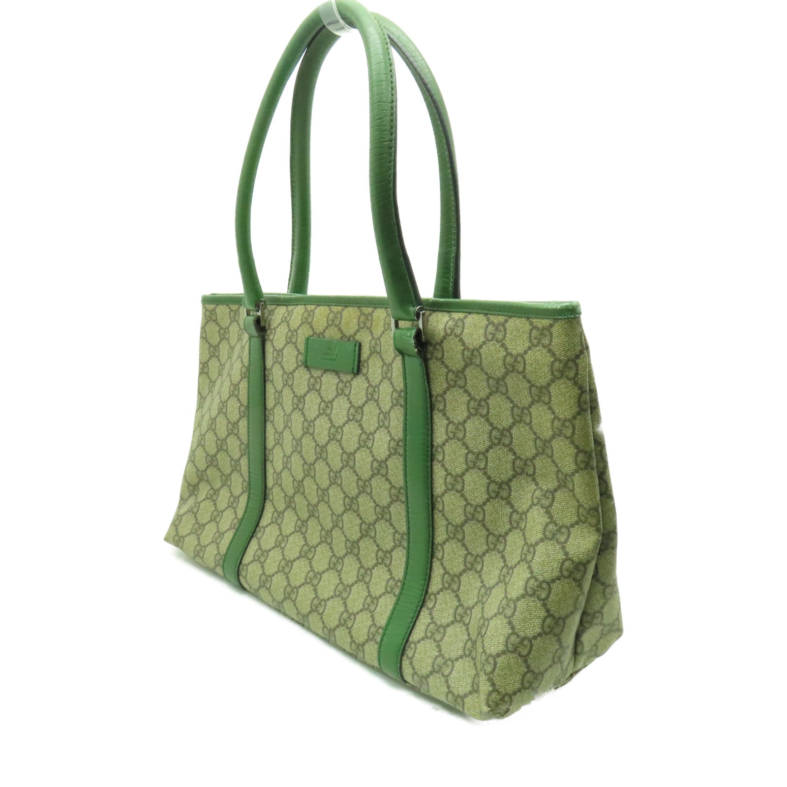 GUCCI 塗層帆布Tote Bag銀扣手挽袋綠色/米色