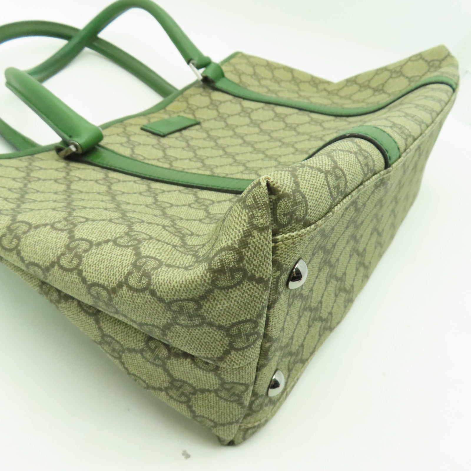 GUCCI 塗層帆布Tote Bag銀扣手挽袋綠色/米色