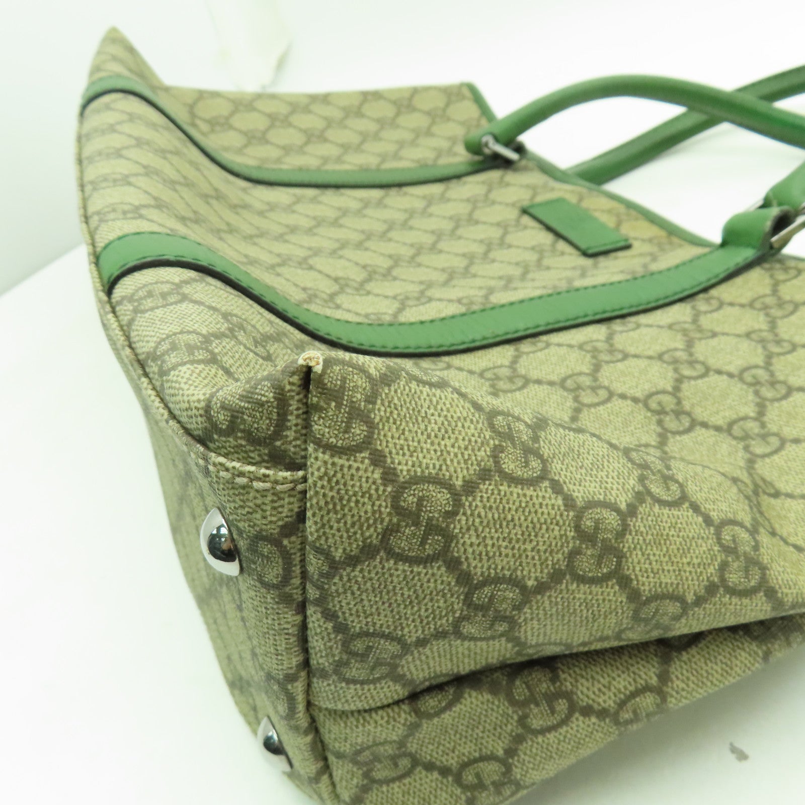 GUCCI 塗層帆布Tote Bag銀扣手挽袋綠色/米色
