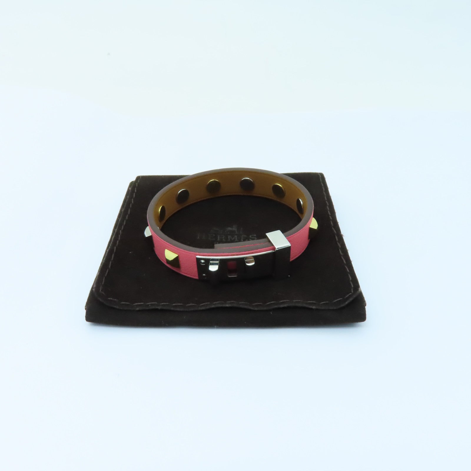HERMES Swift皮革Mini Dog Clous Carres Bracelet金扣/銀扣手鐲粉紅色