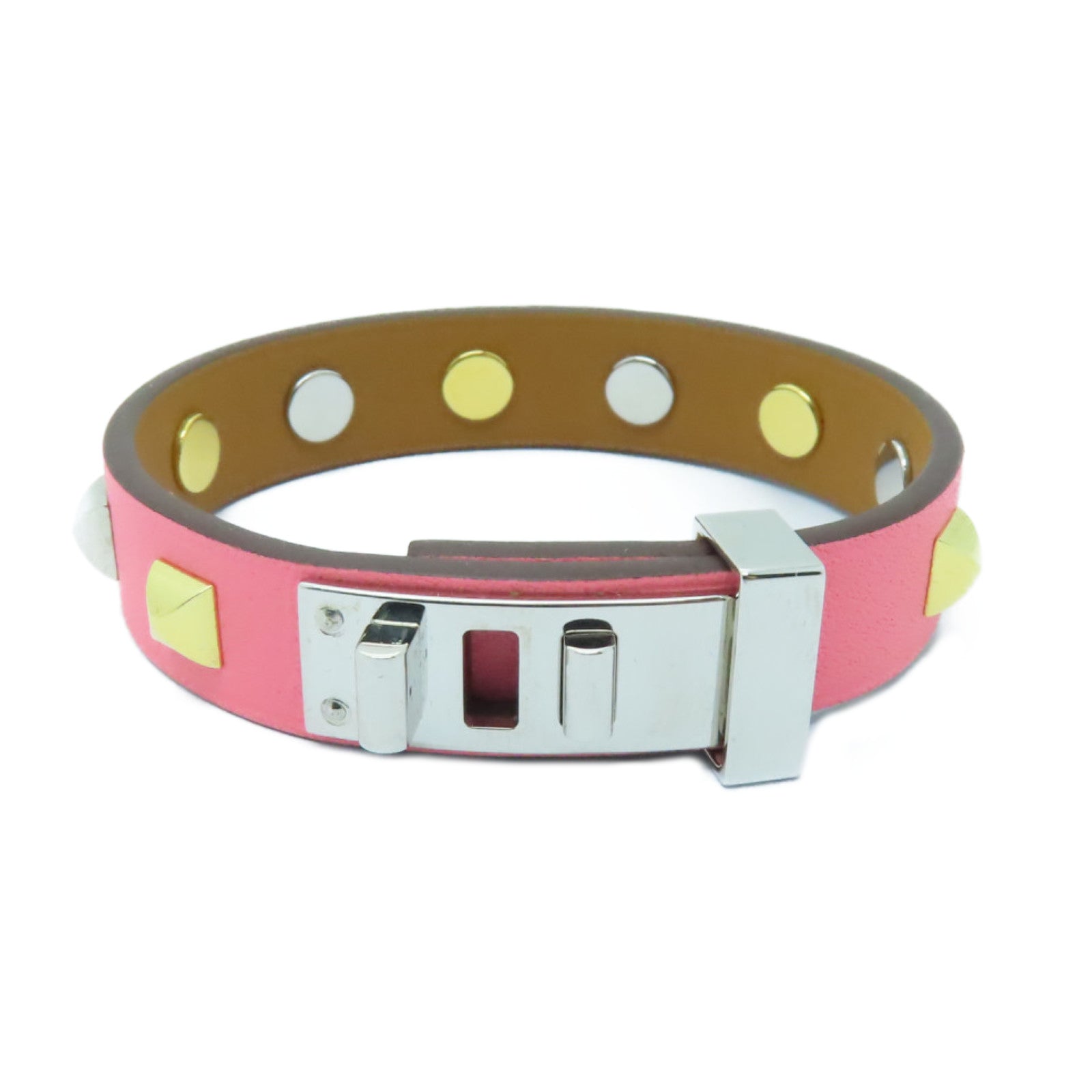 HERMES Swift皮革Mini Dog Clous Carres Bracelet金扣/銀扣手鐲粉紅色