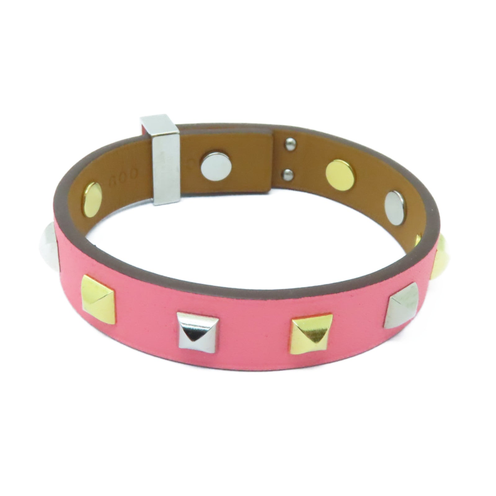 HERMES Swift皮革Mini Dog Clous Carres Bracelet金扣/銀扣手鐲粉紅色